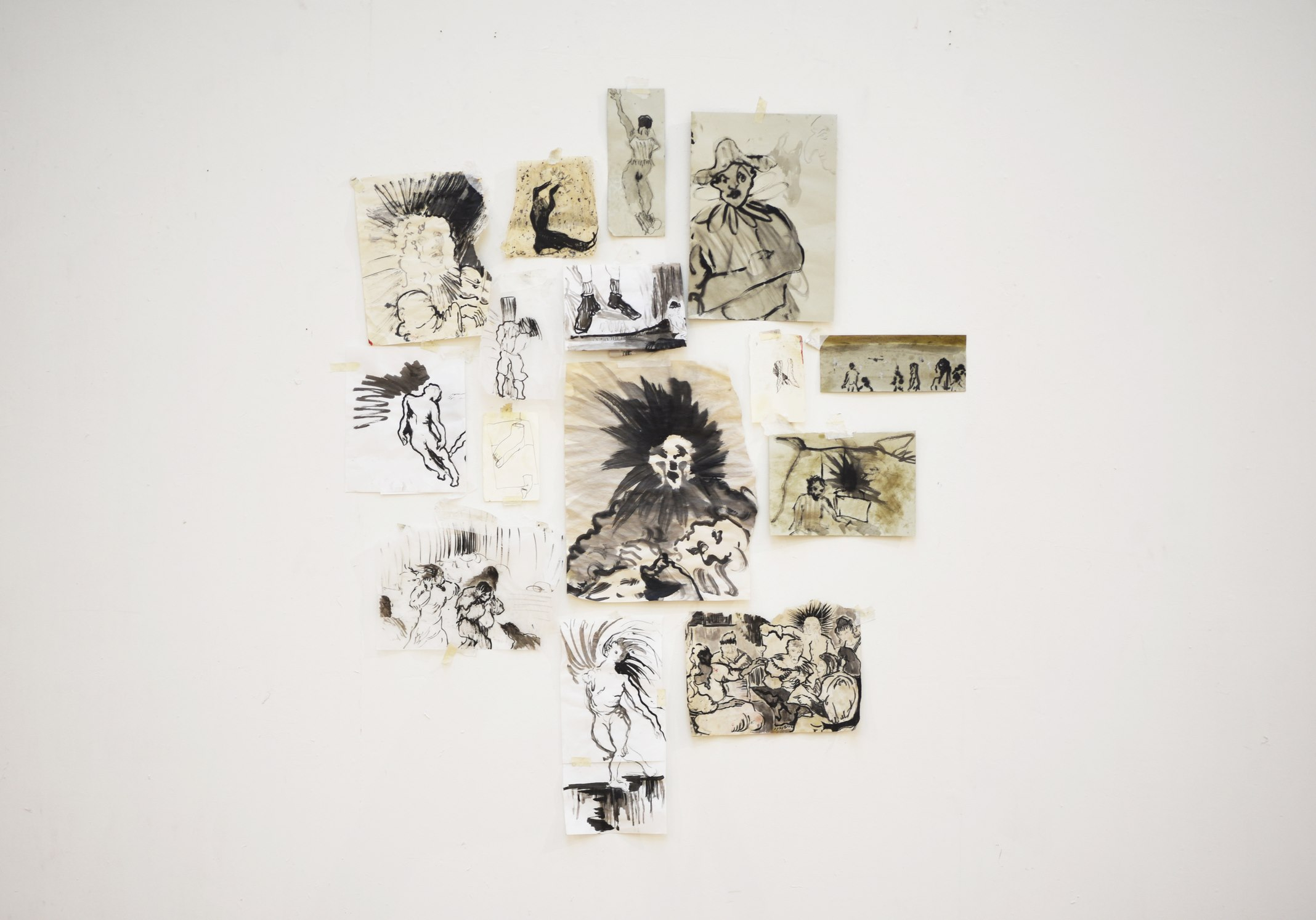 Installation of Series of Sketches, Charcoal, ink and pencil on paper, 126cm x 90cm (approx.), 2024-5, Image: Alex Howey