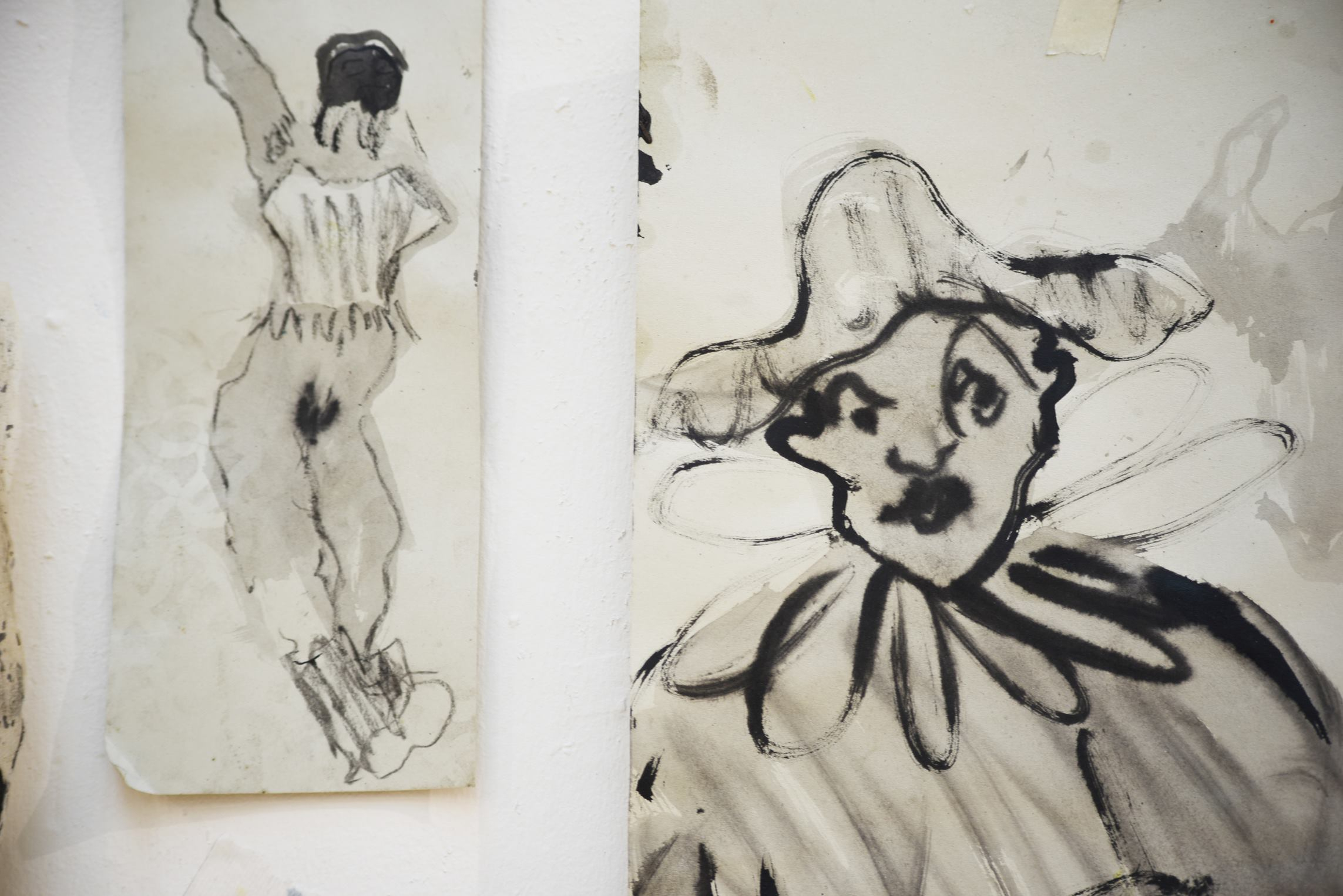 Closeup of Installation of Series of Sketches, Charcoal, ink and pencil on paper, 126cm x 90cm (approx.), 2024-5, Image: Alex Howey