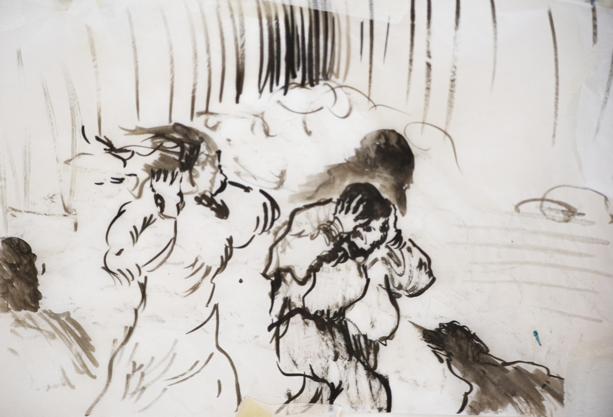 Closeup of Installation of Series of Sketches, Charcoal, ink and pencil on paper, 126cm x 90cm (approx.), 2024-5, Image: Alex Howey