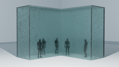 Frontal view from inside an L-shaped frosted glass space, showing several large blurry human figures.