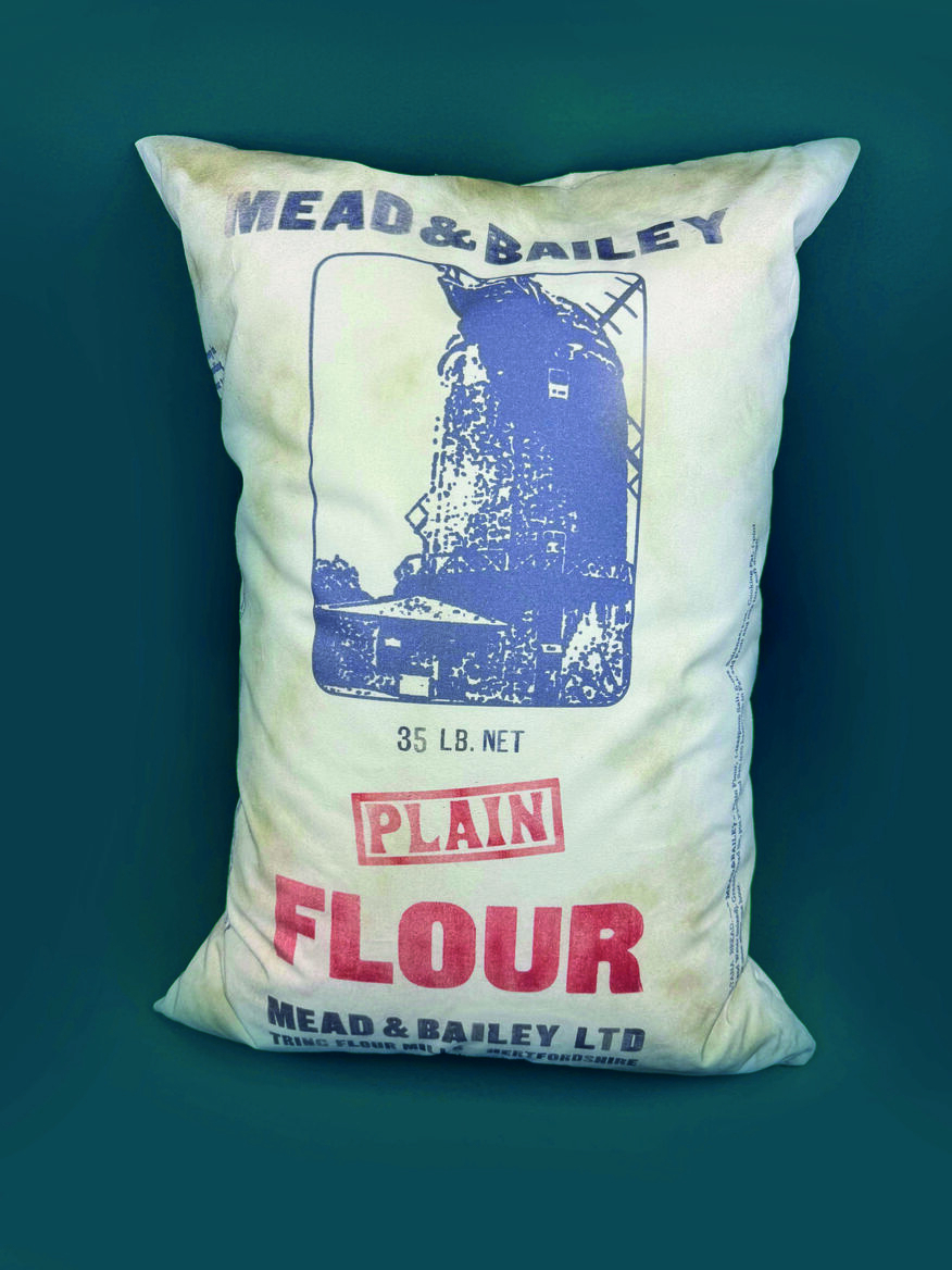 Flour bag with hand printed elements such as company logo, product name, weight and flour mill illustration. Displayed on a deep blue background 
