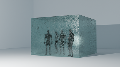 Frosted glass box enclosing four large indistinct human figures in white space.