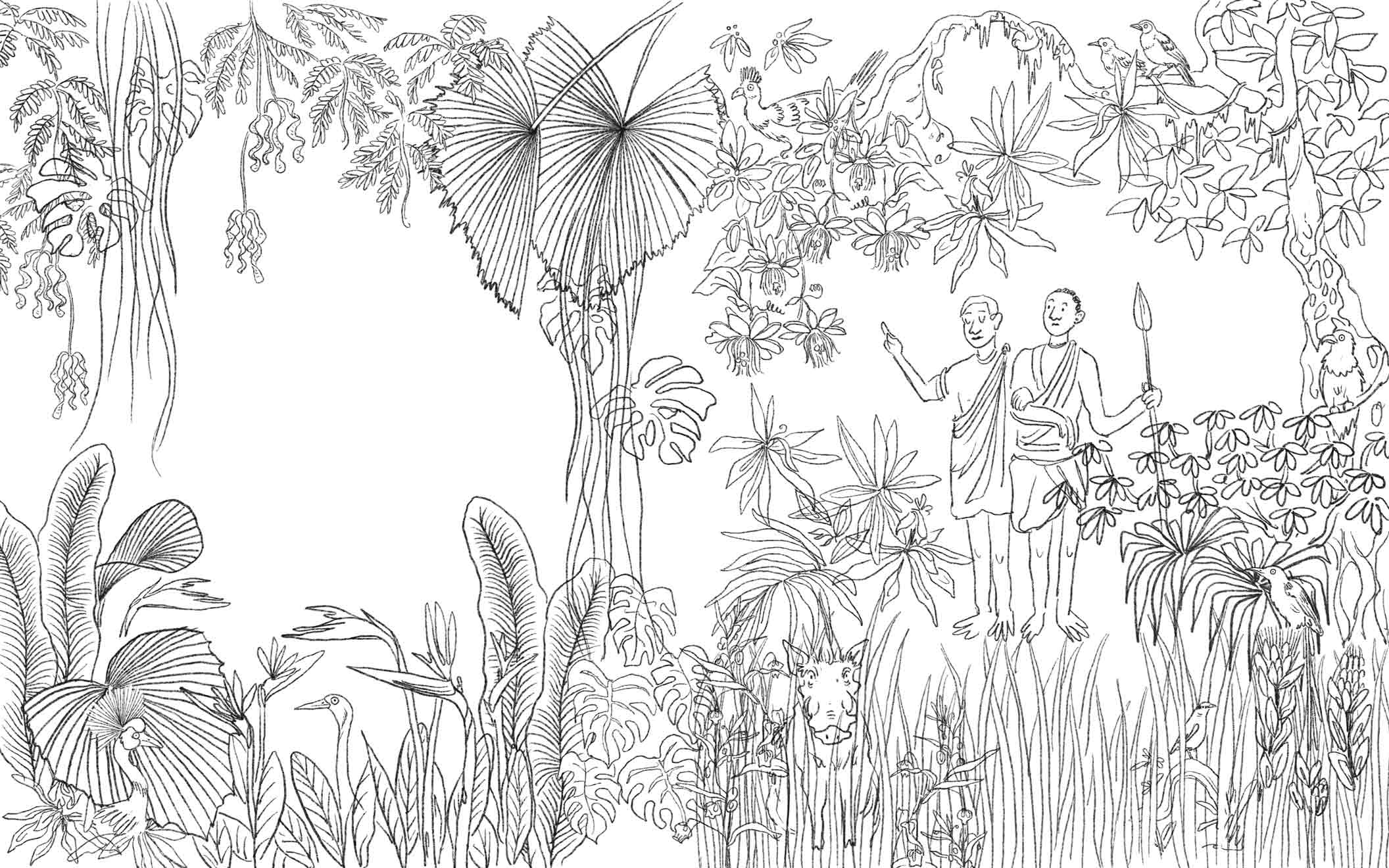 Line drawing of a dense jungle scene with two people standing among lush tropical plants. They are surrounded by various birds, animals, and large-leafed trees. One person holds a spear while the other gestures forward. Hidden wildlife, including a hippopotamus, parrot, and other animals, is integrated into the foliage.