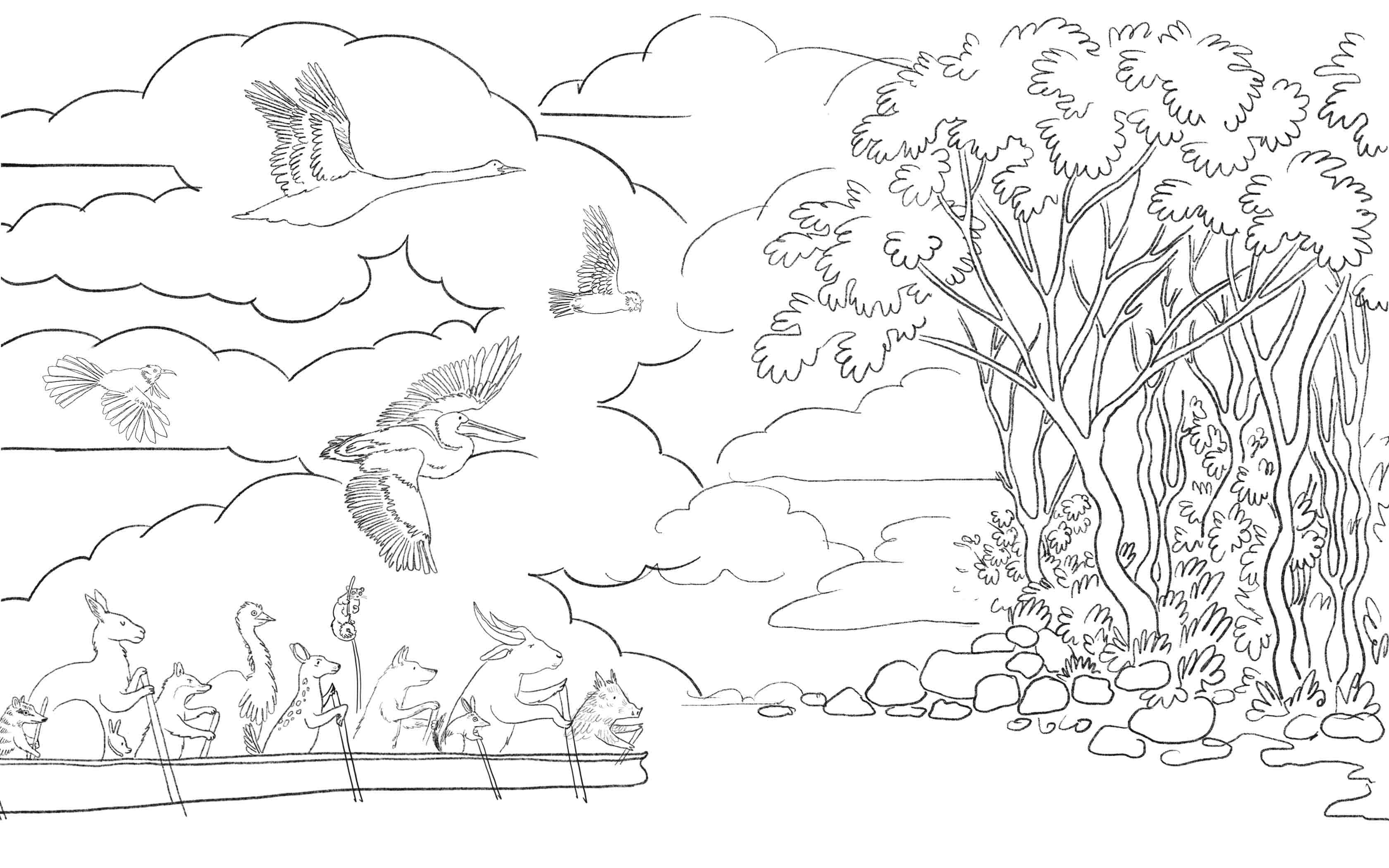 Line illustration of animals in Canoe travelling to Australia.