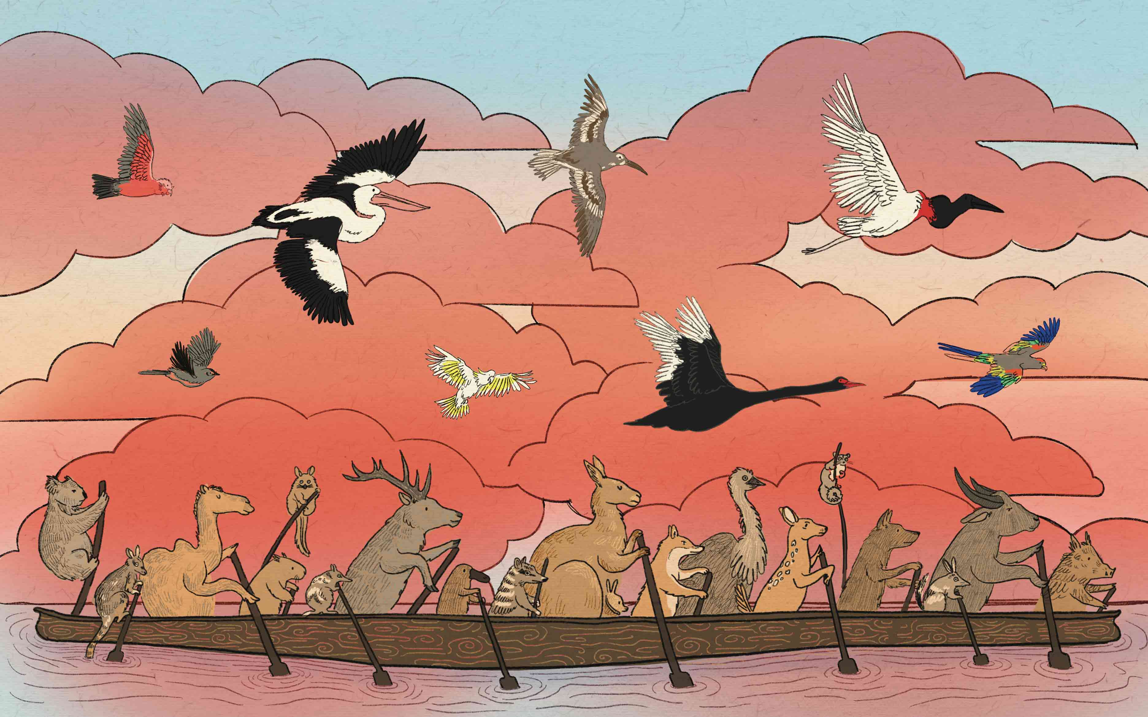 Colourful illustration of animals in Canoe and birds flying above them. 