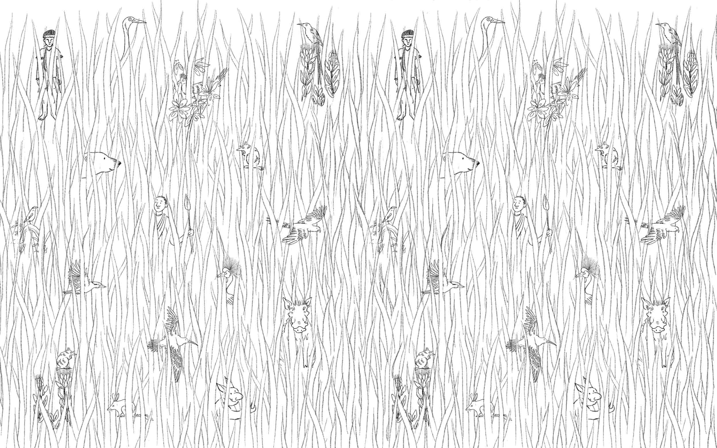 Detailed pattern of various animals, birds, people in high grass. 
