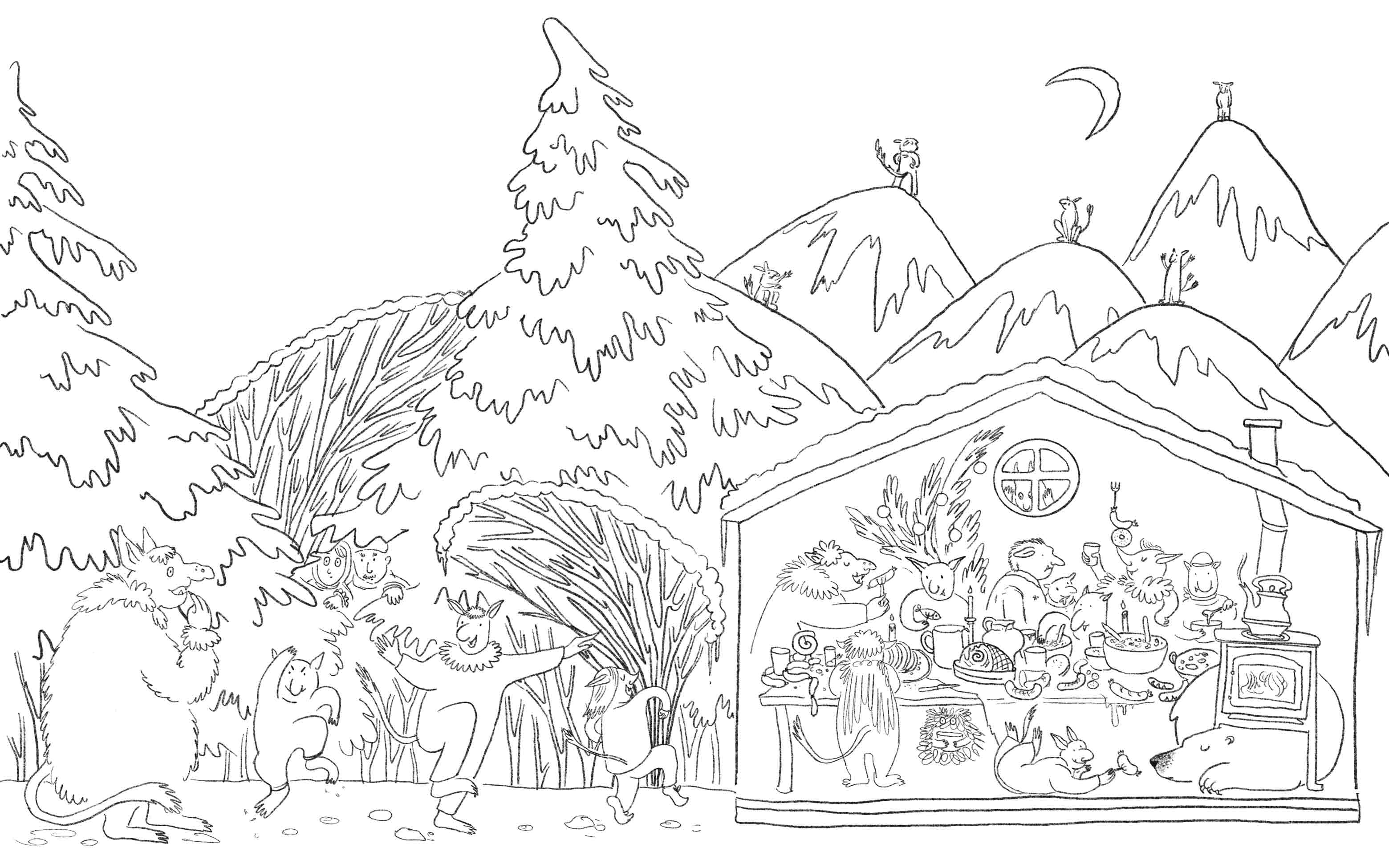Line illustration of trolls dancing and having a fest in the house surrounded by winter mountains