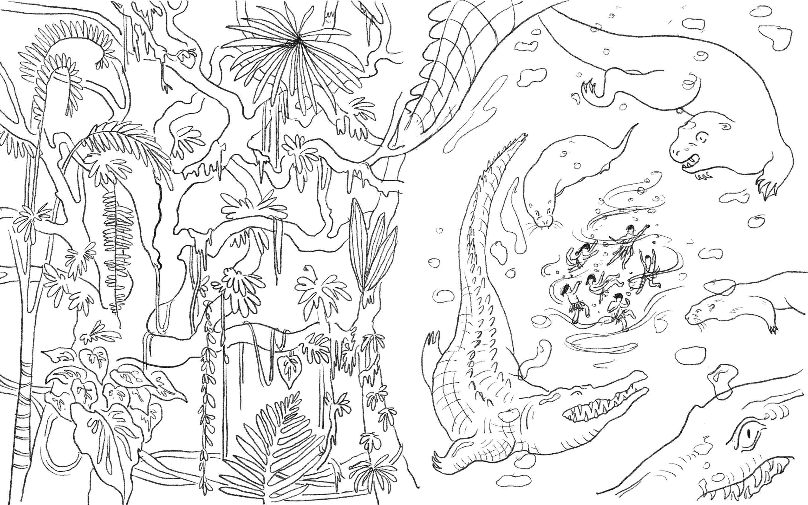 Line illustration of huge otters and alligators swimming around people