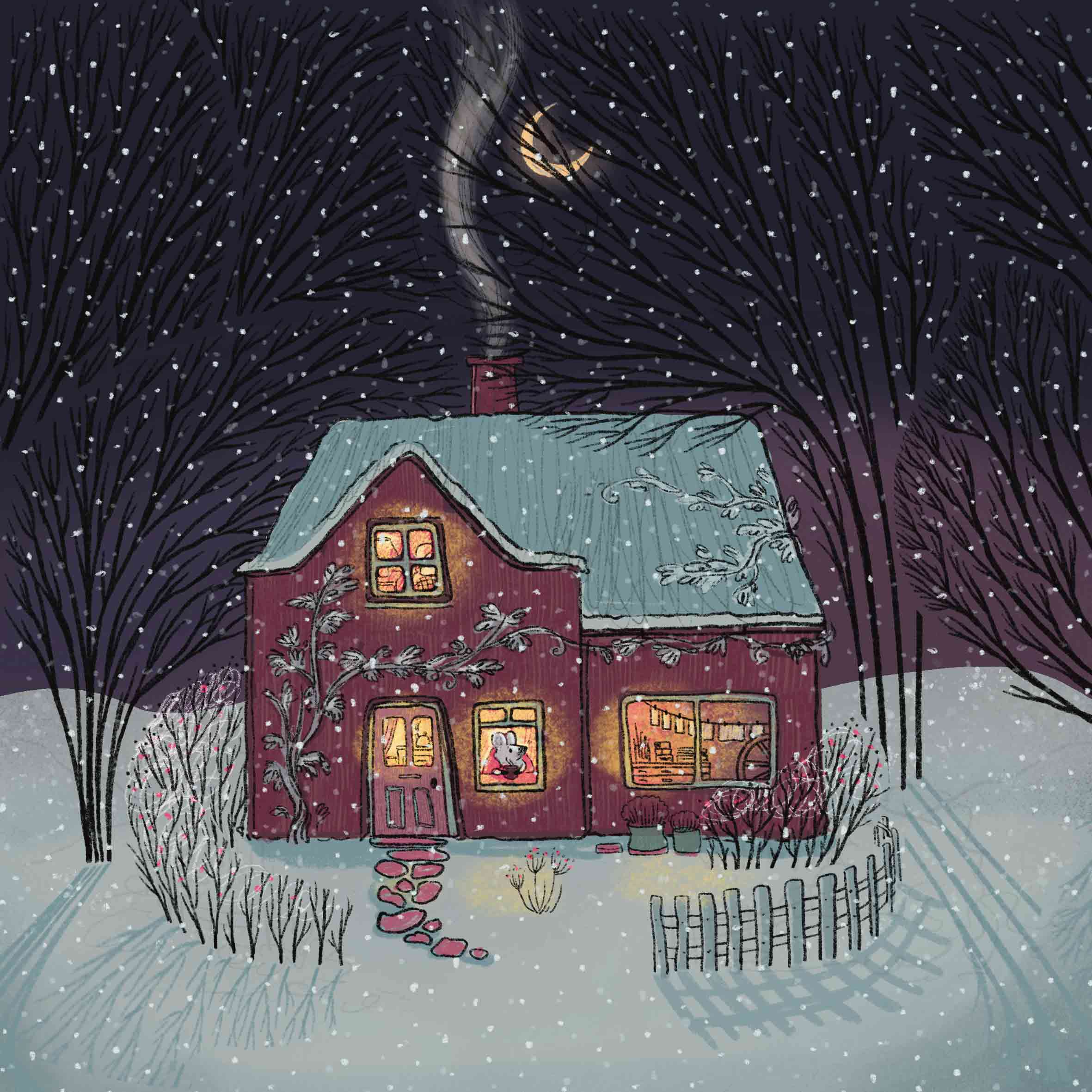 Cozy illustration of a mouse in a house drinking tea surrounded by winter forrest