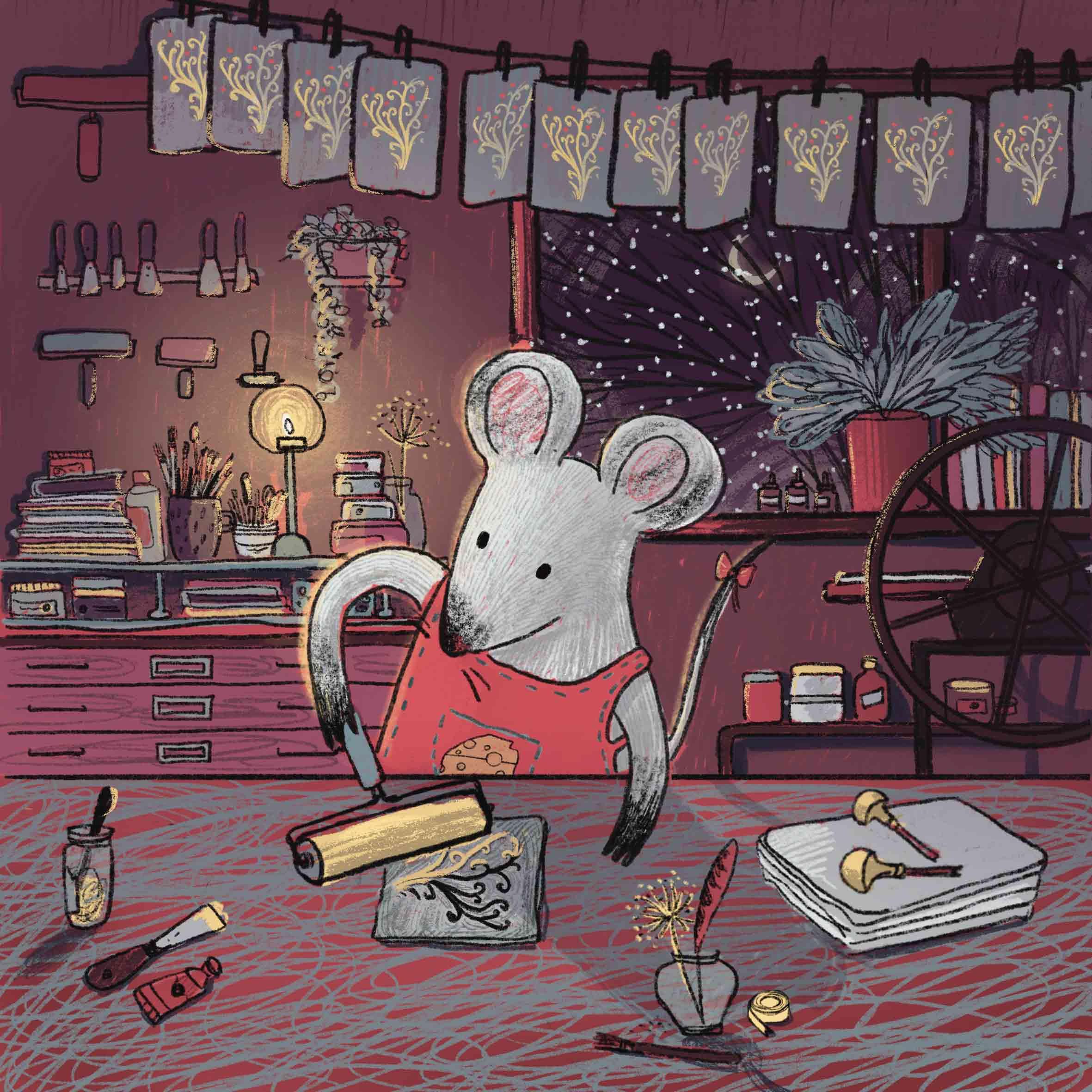 Illustration of a mouse making linocut in her printmaking studio. 