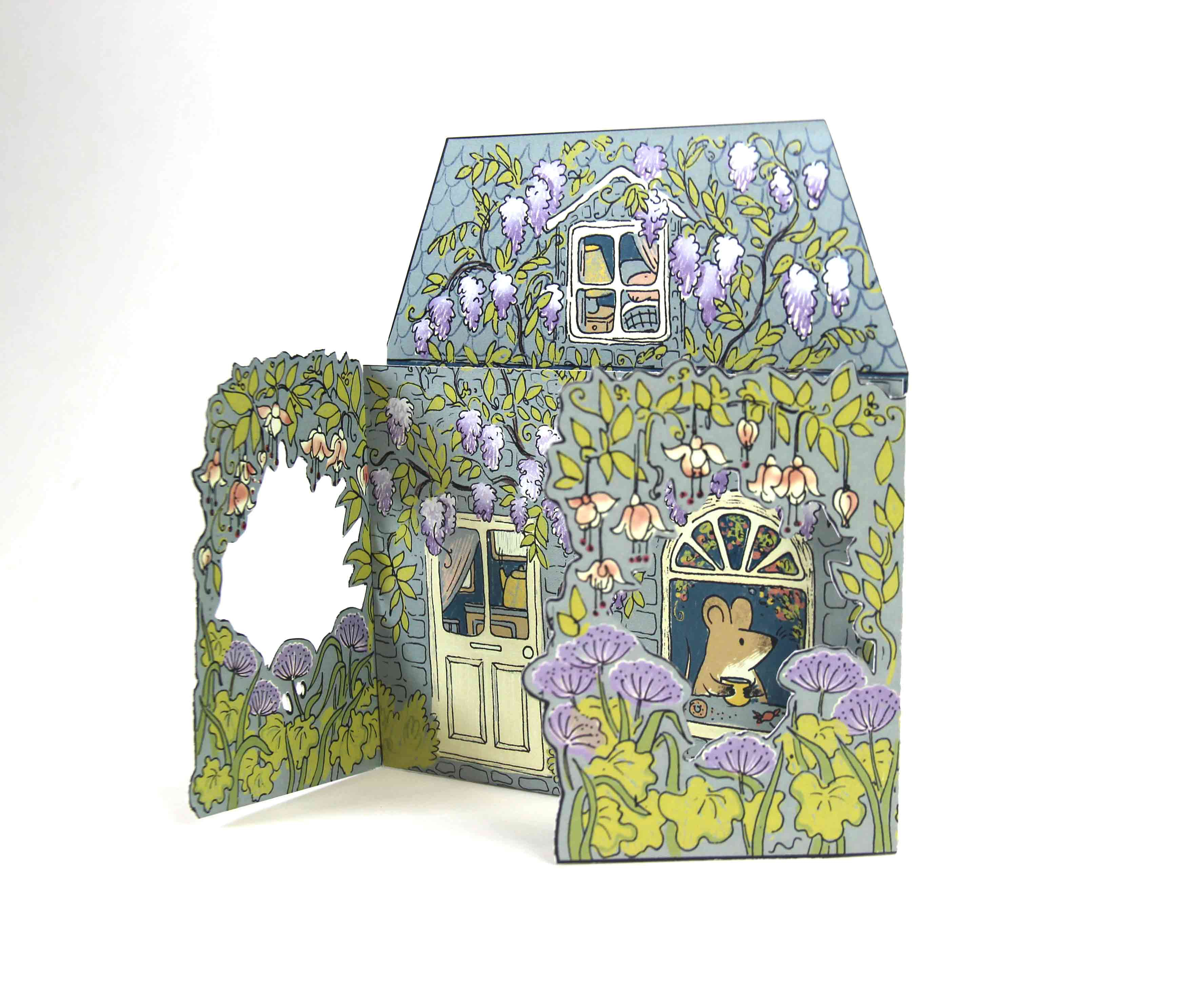 Colourful card with cutouts and folds. 