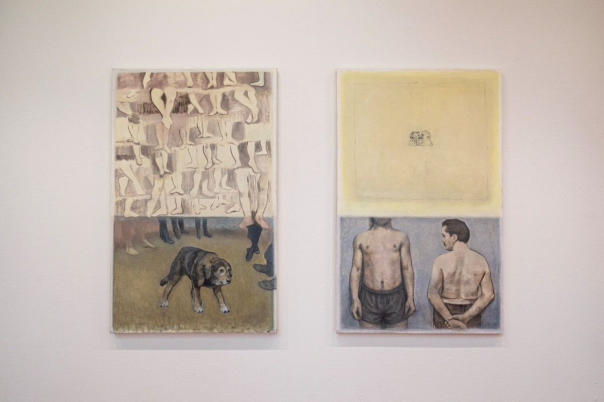 (Left) Dogs Can't Look Up, oil on canvas, 100x160cm. (Right) The Tattooed Ultra Runner Scott Jurek Talked About, oil on canvas, 100x160cm