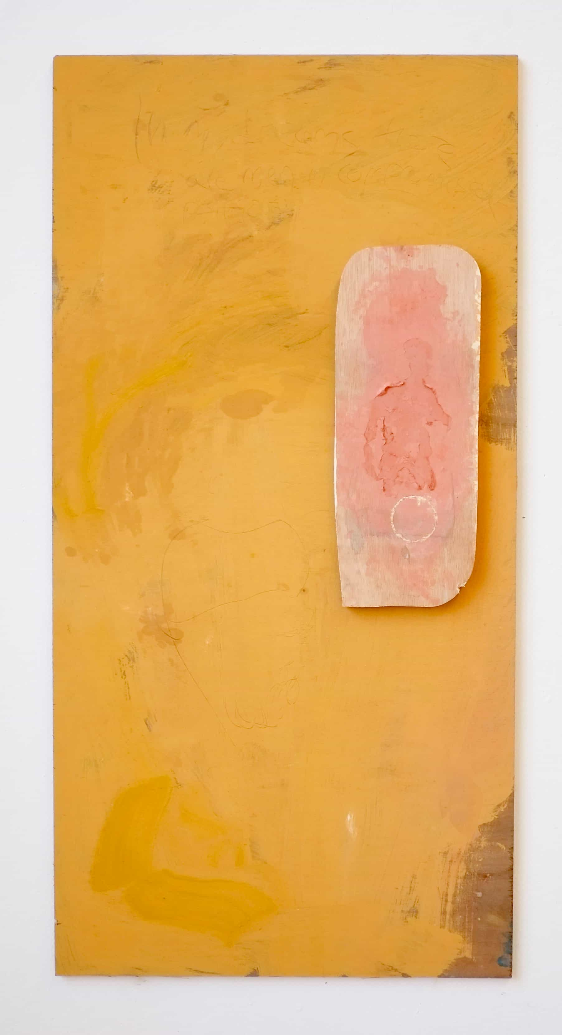 A vibrant golden-yellow painting on wood. The outline of a man in red clay can be seen on a wood offcut placed on top of it.