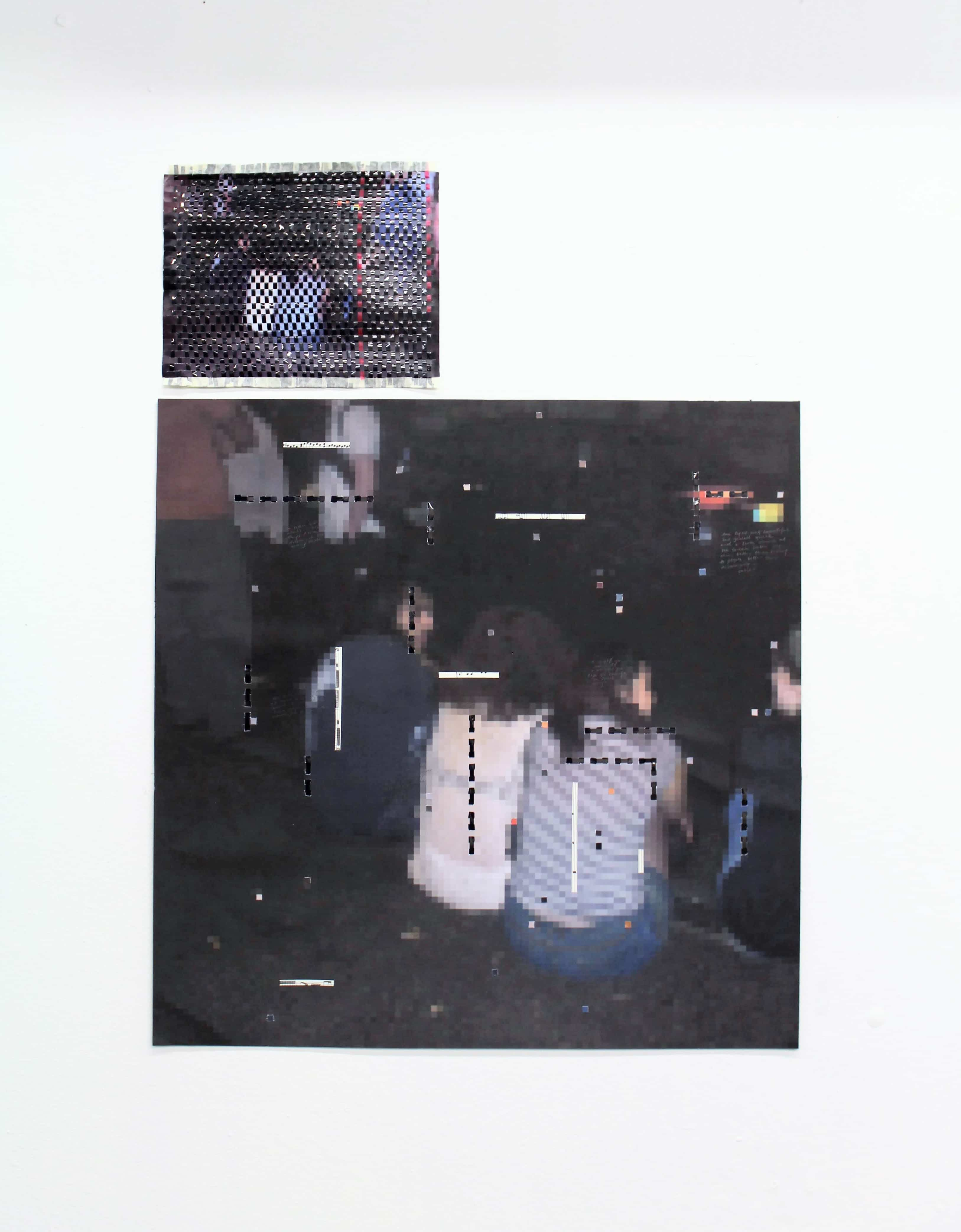 (top) untitled, 14.8 x 21 cm, audio tape, masking tape, paper.  (bottom) untitled, 59.4 x 59.4 cm, audio tape, sheet music, card, pencil, colour print on 160gsm paper, mounted on black board, November 2024.