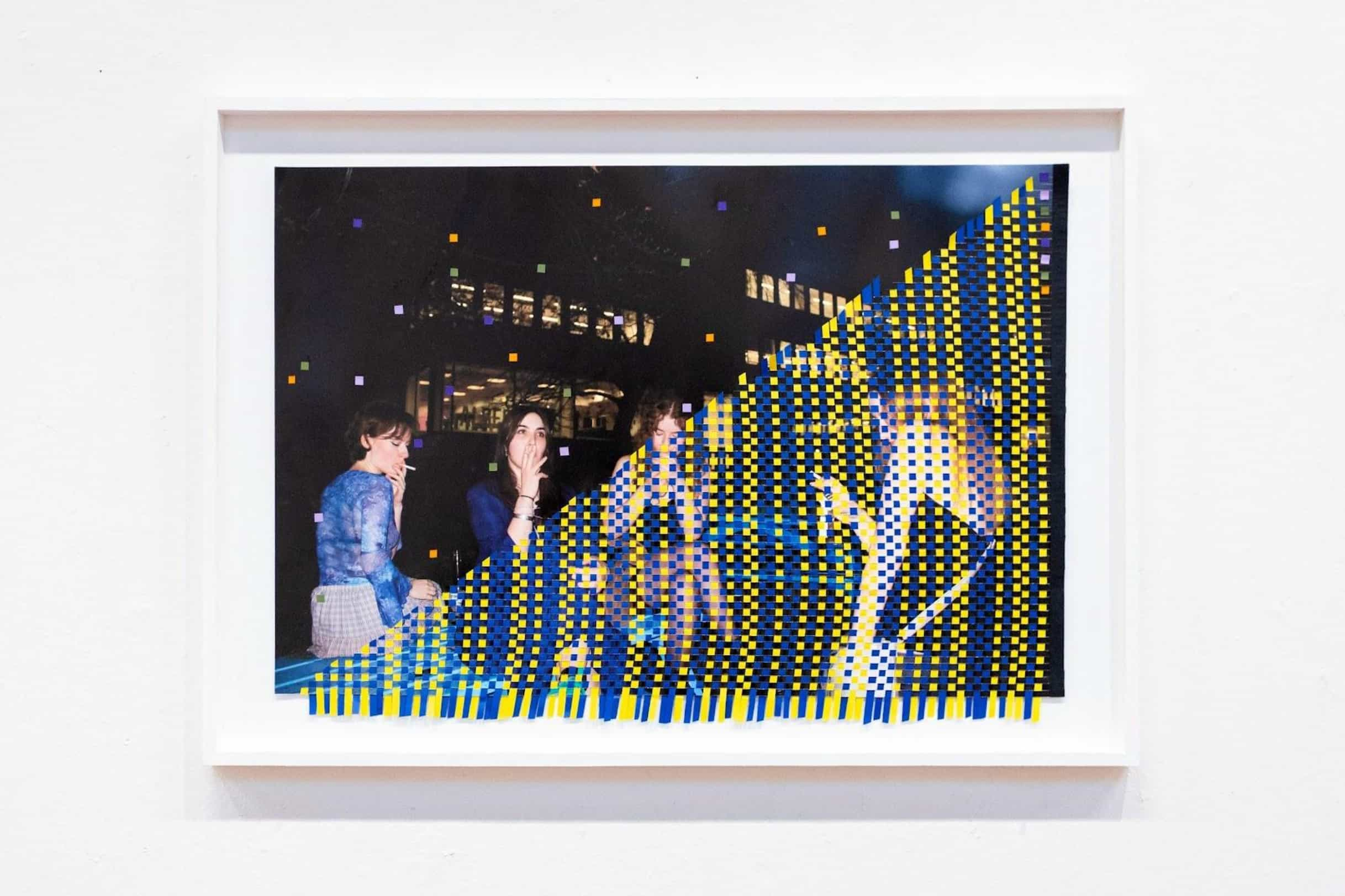 Smoking four cigarettes, February 2025, 59 x 40 cm, woven inkjet print on satin paper with coloured card, pencil,  mounted in wooden frame.