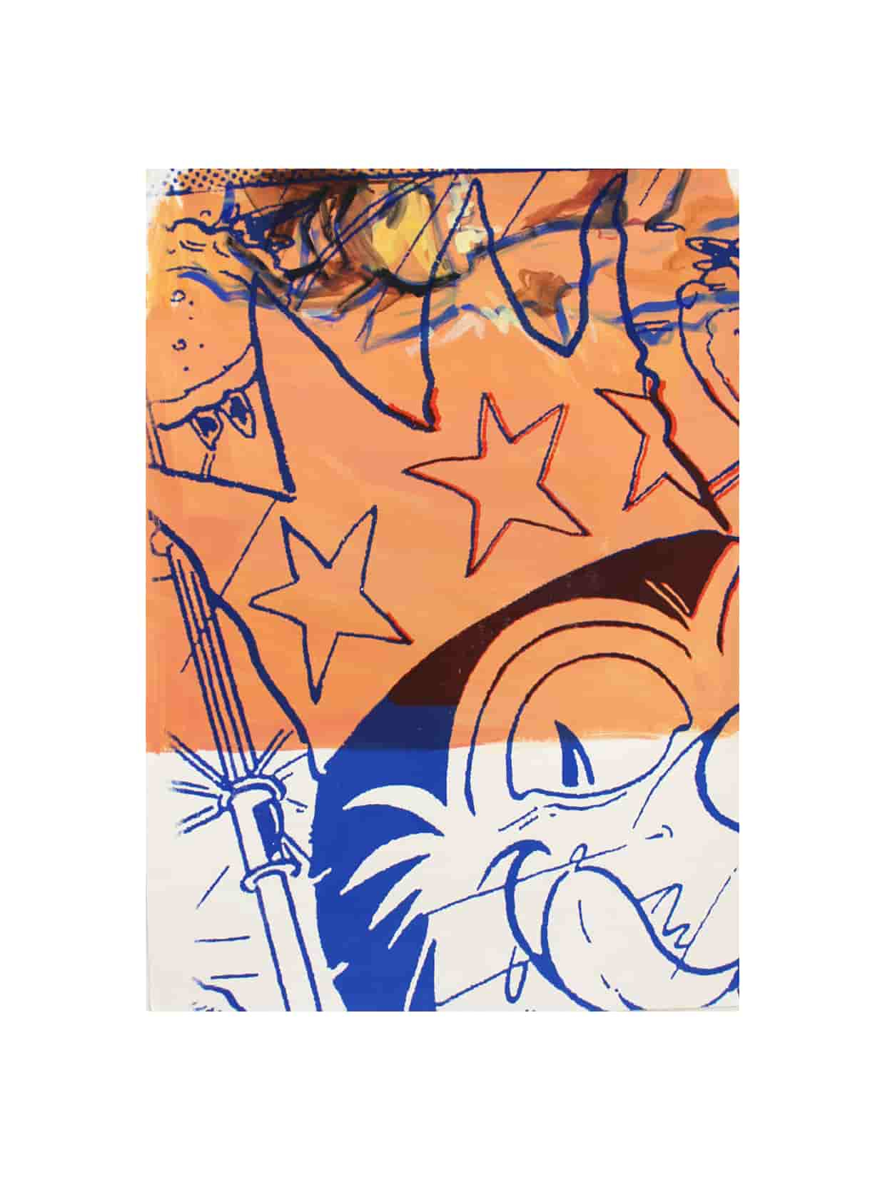 orange block collage with painted monkey face and screen printed comic cat 