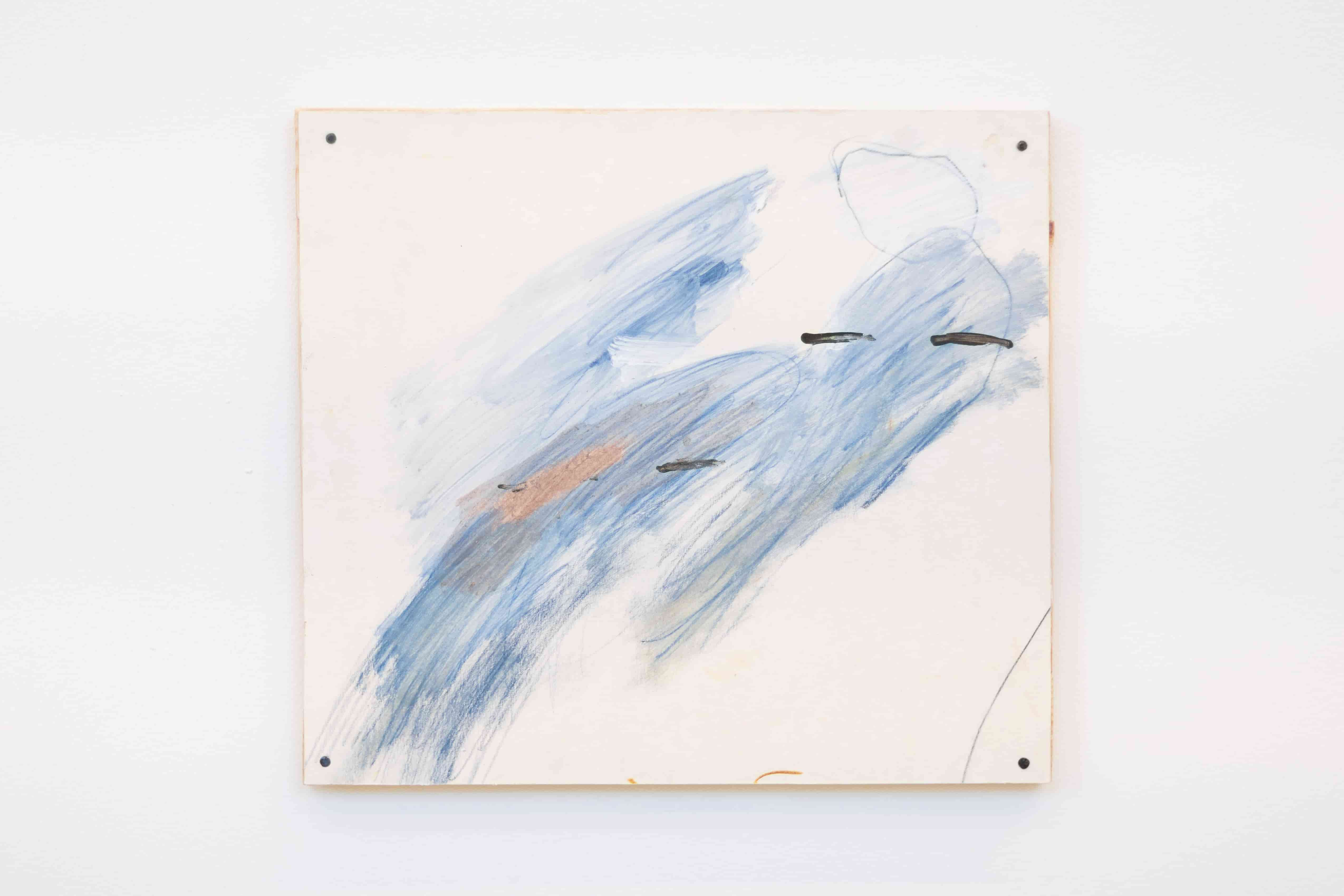 A drawing/painting of two abstract blue figures with black dashes on paper, mounted on a wooden frame