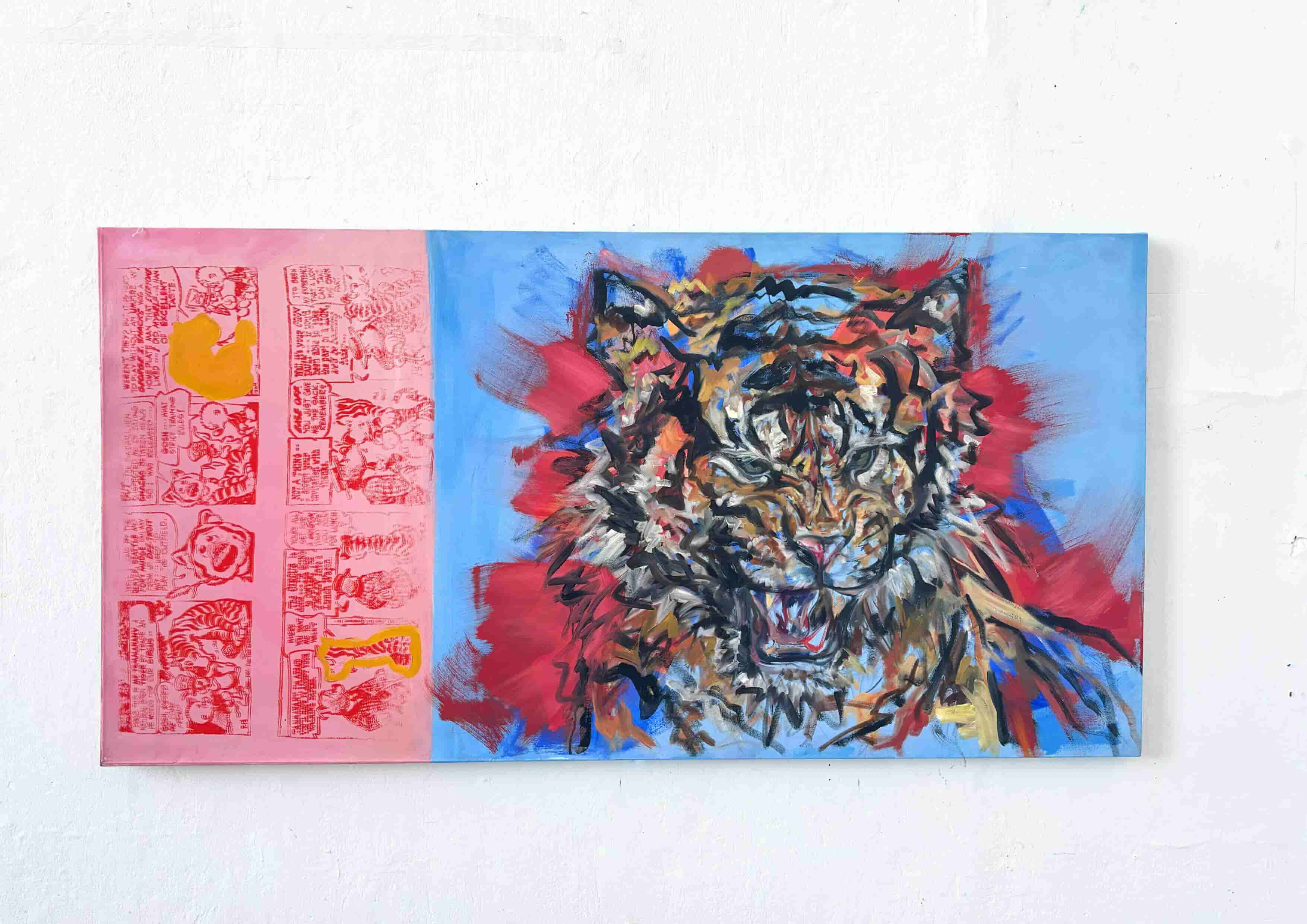 tiger painting on canvas with screen printed comic 