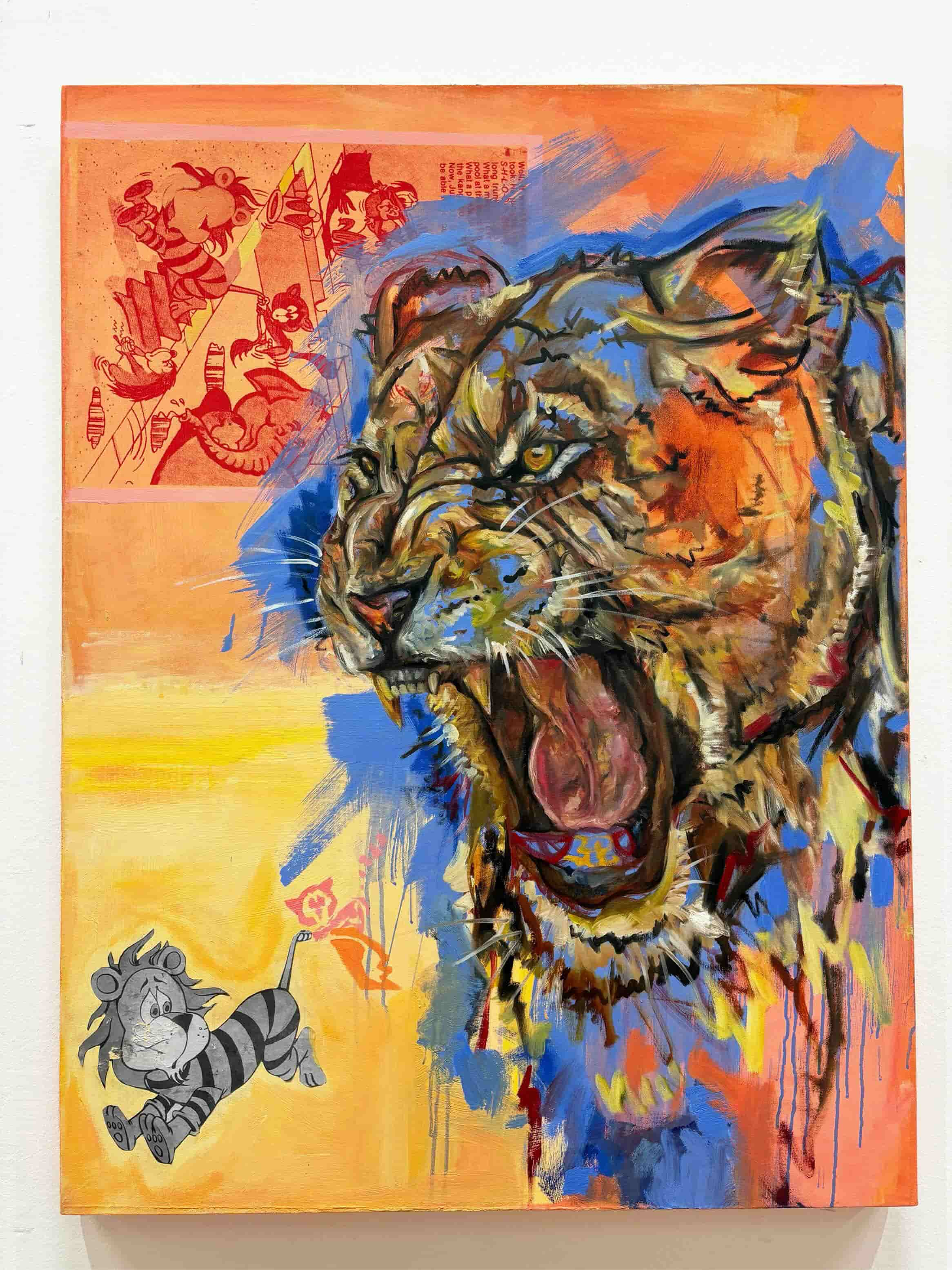 lion painting with comic screen print and comic lion collage 