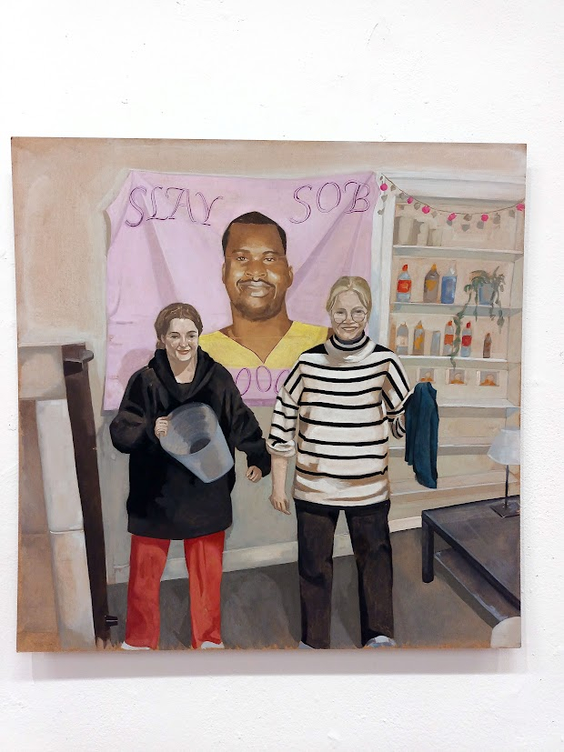 Image of a painting of 2 women standing in their living room