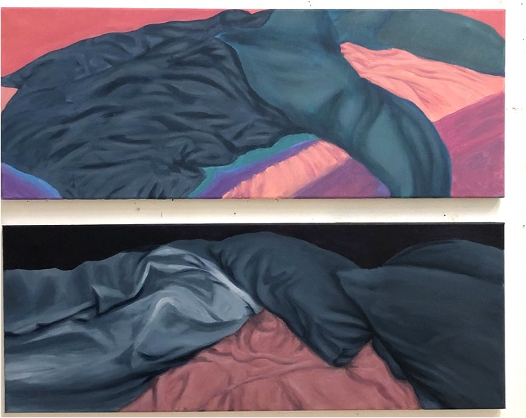 two paintings of unmade beds