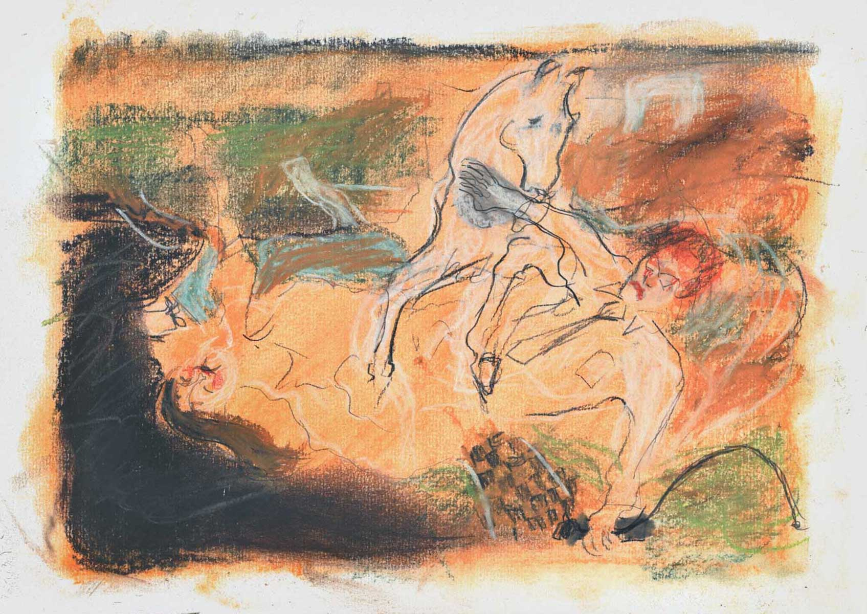 loose, energetic drawing of horse and bodies tangled