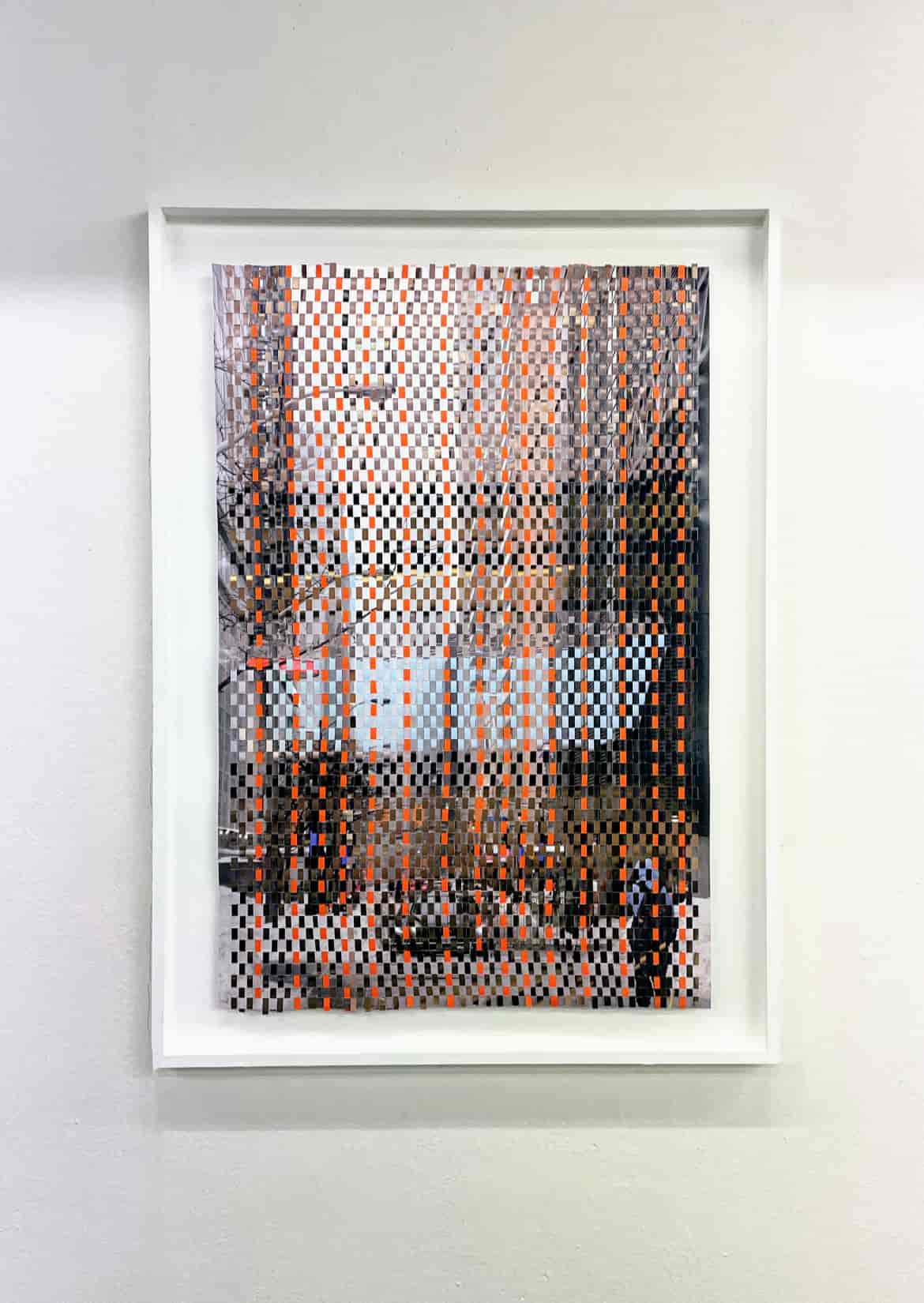 Sun going down, April 2025, 62.5 x 41.8 cm, woven inkjet prints on satin paper, orange card, mounted in wooden frame.
