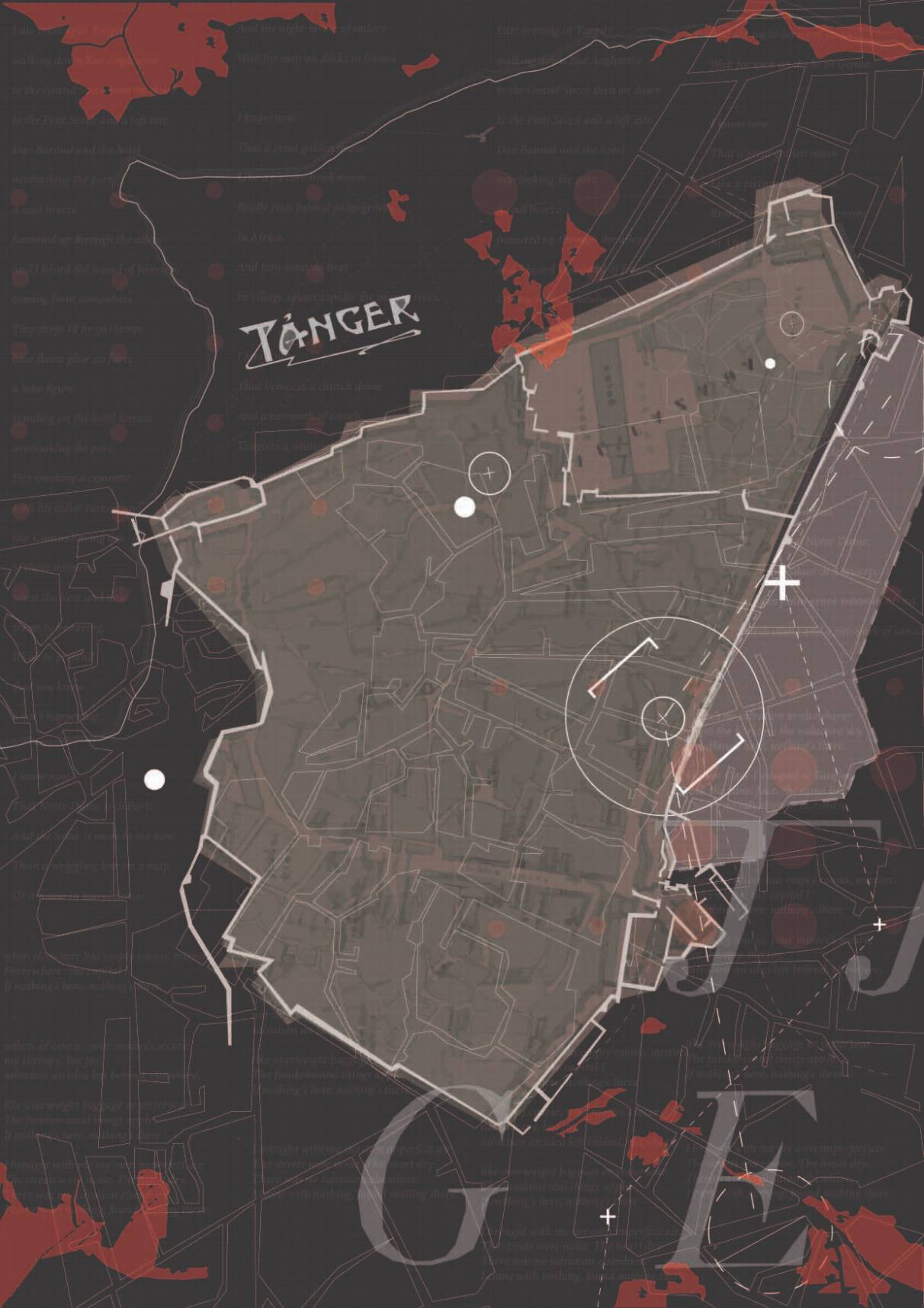 Mapping Tangiers | A layered representation juxtaposing historical cartography with present-day movement. The map traces native pathways and key spatial activators—including historical cinemas and civic thresholds—highlighting the city’s palimpsestic relationship to colonial influence and lived experience.