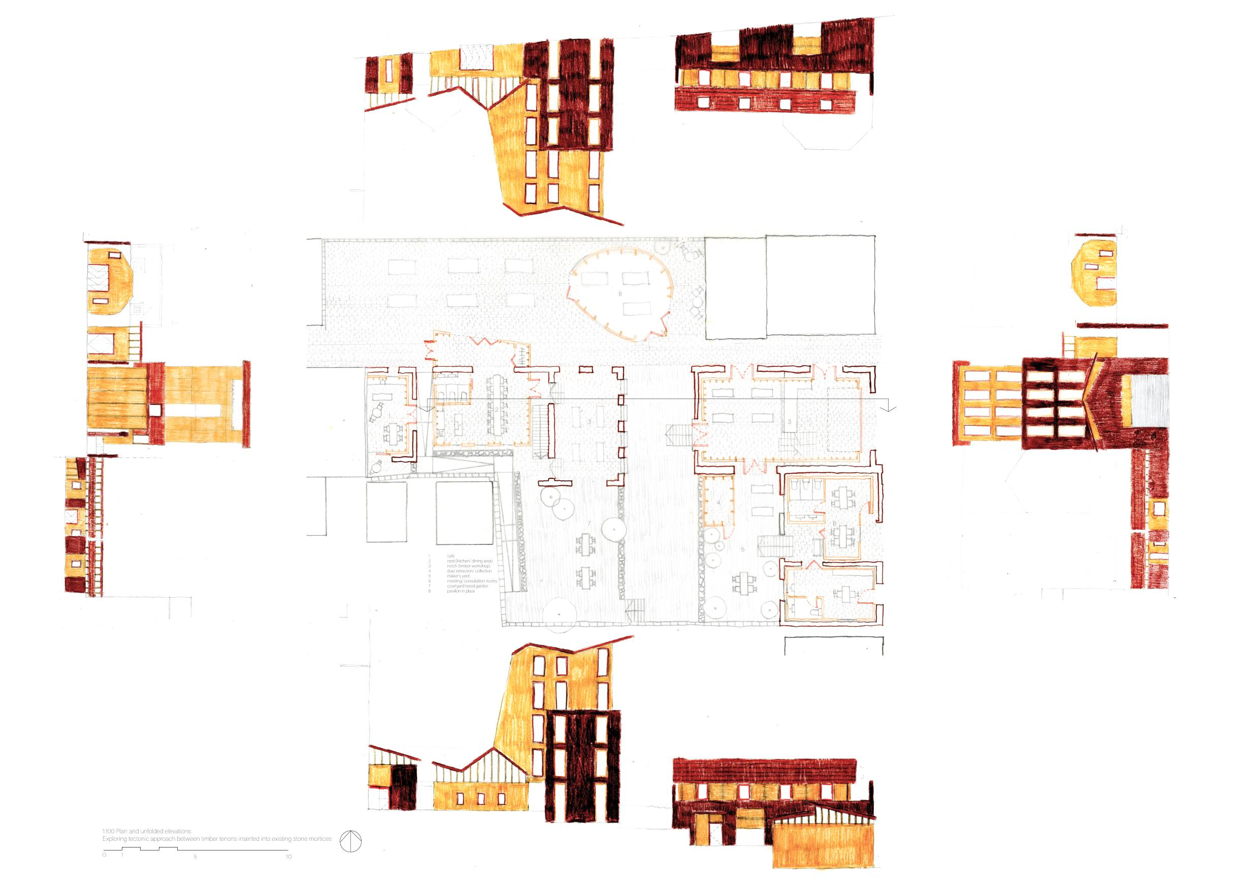 Folded-out Elevations around 1:200 Plan