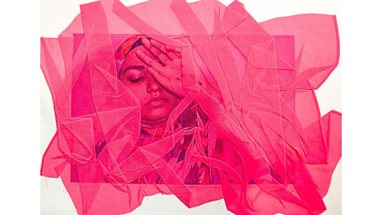 Pink fabric, all creased with figure