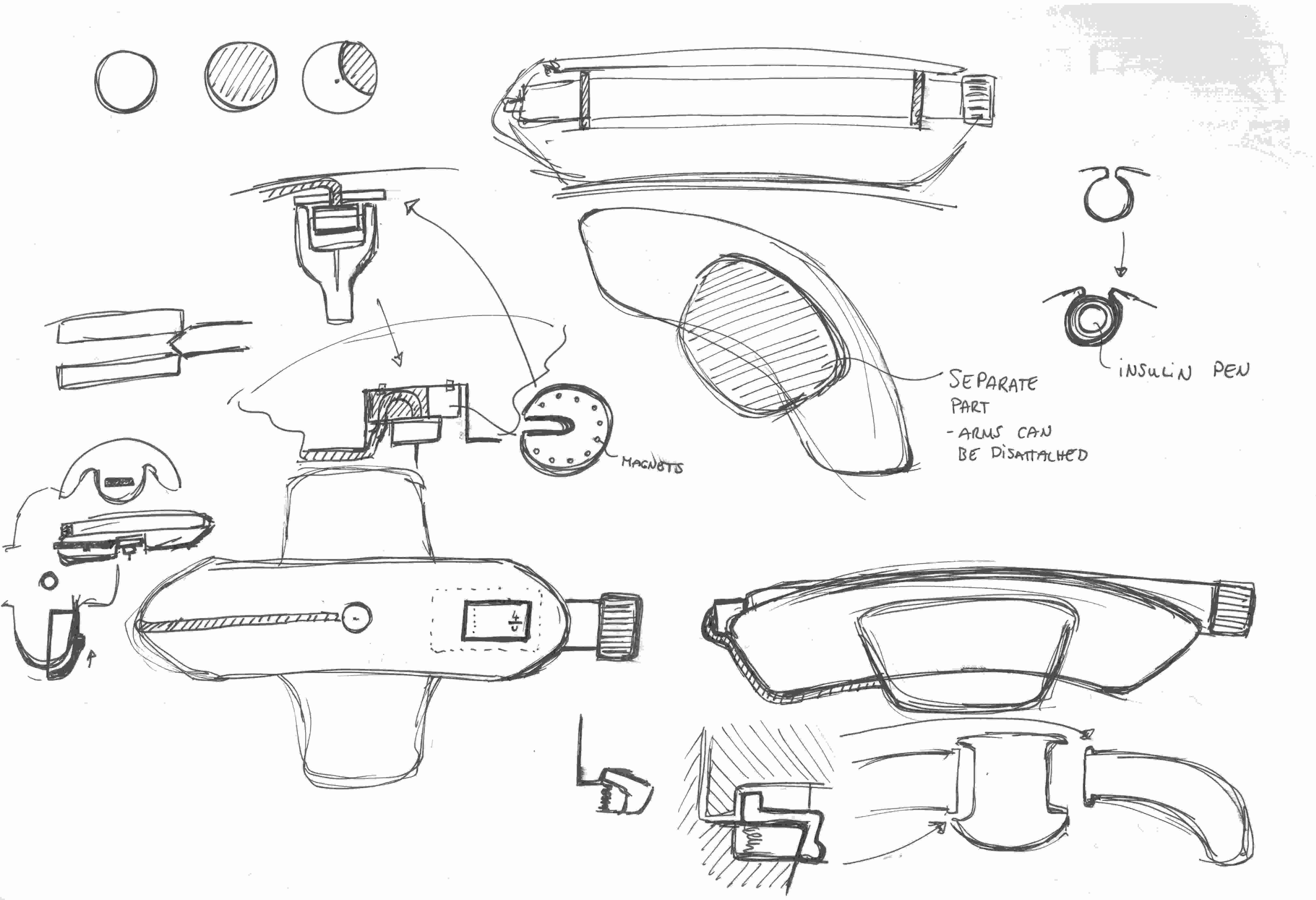 Ideation and development sketches of the injector and inner areas