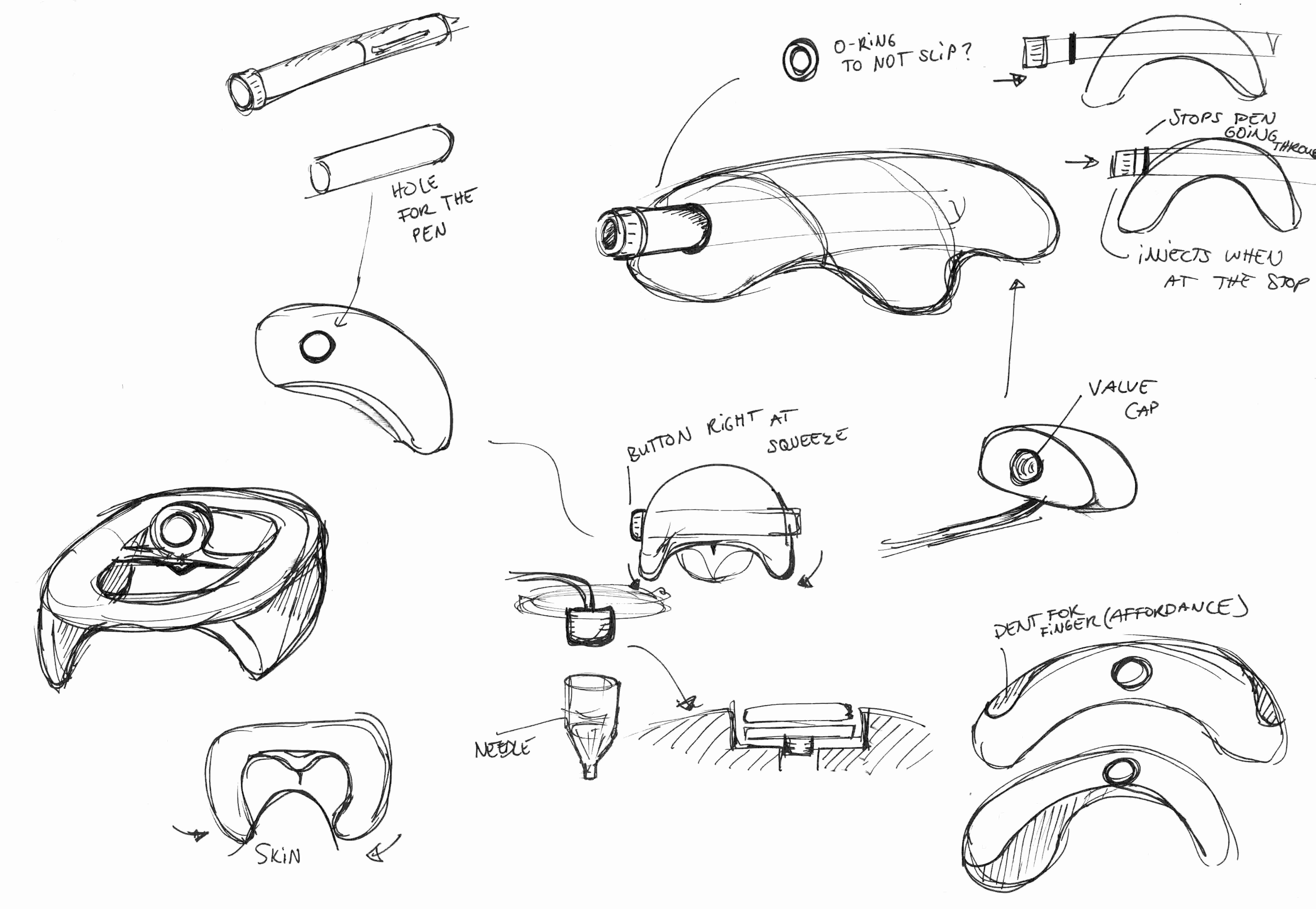 Ideation and development sketches of the injector and inner areas.