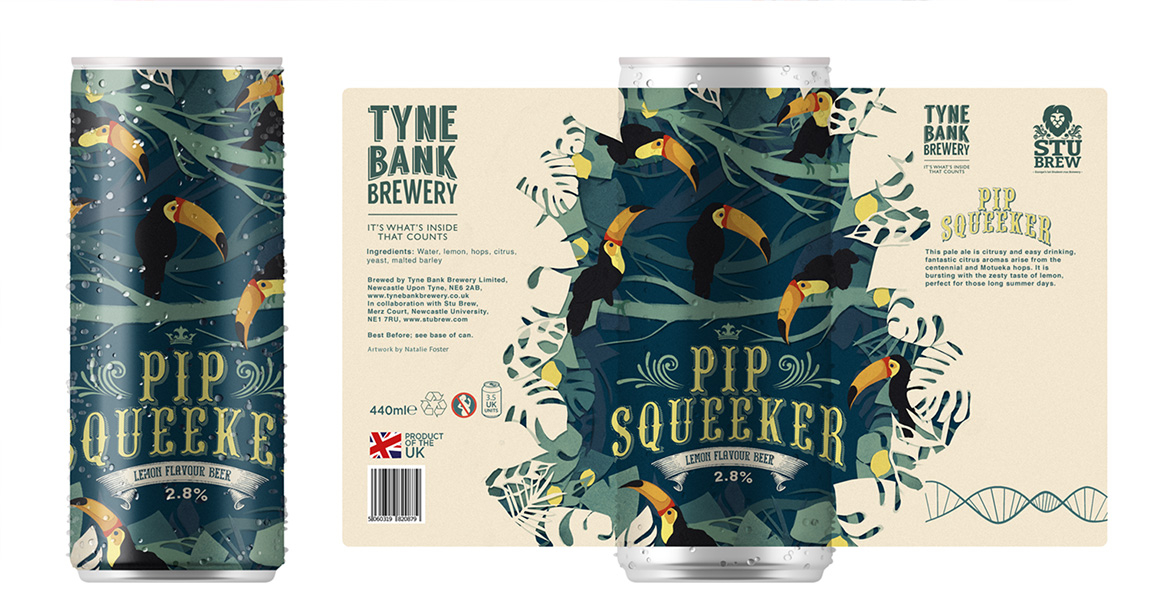 A mockup of a beer can, illustrated with toucans and jungle imagery