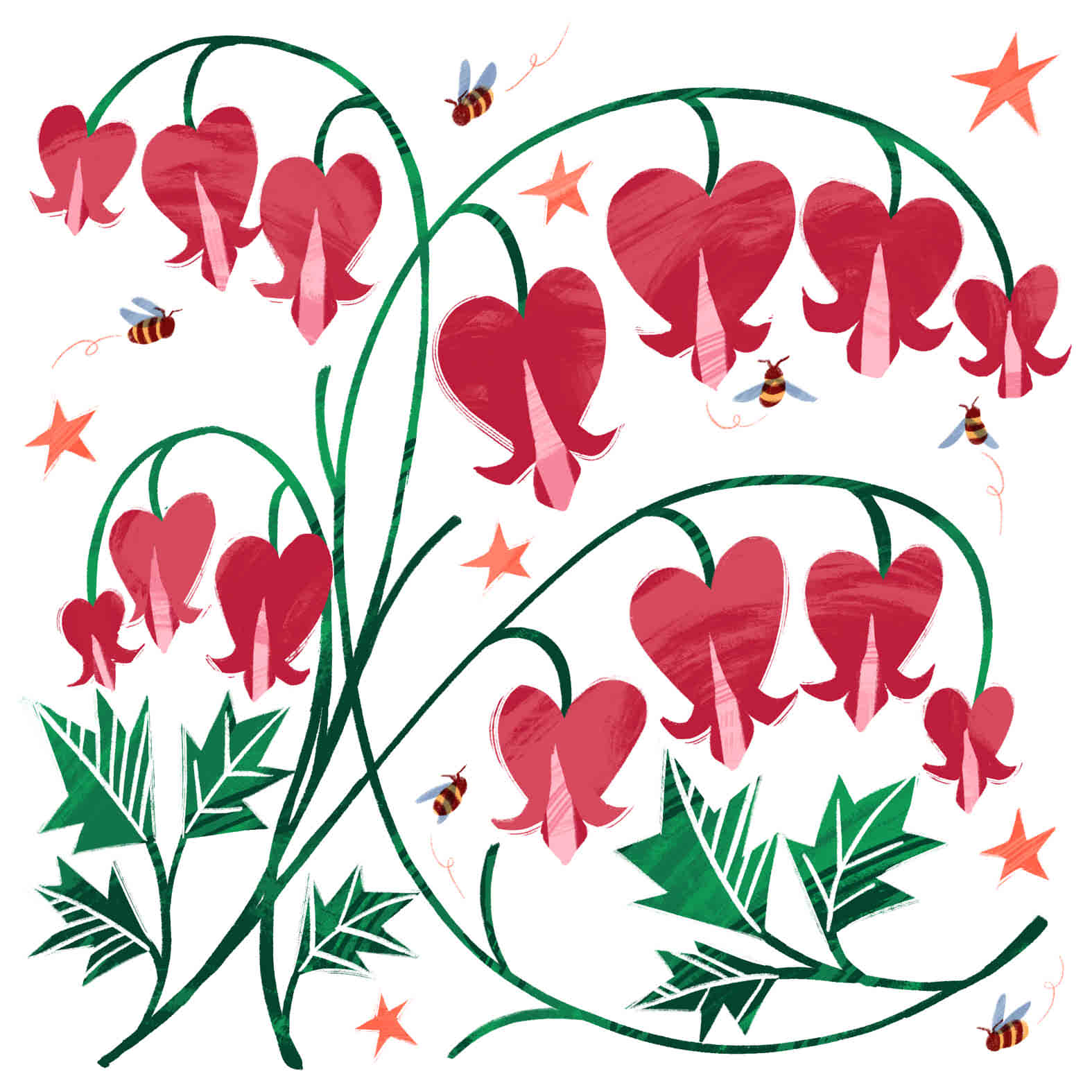 A decorative square tile featuring an illustrated bleeding heart plant & bees