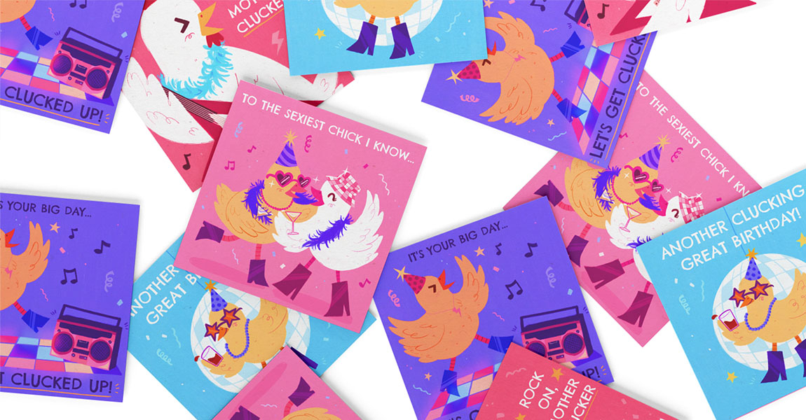 A pile of greetings cards featuring illustrated chicks inspired by '80s disco