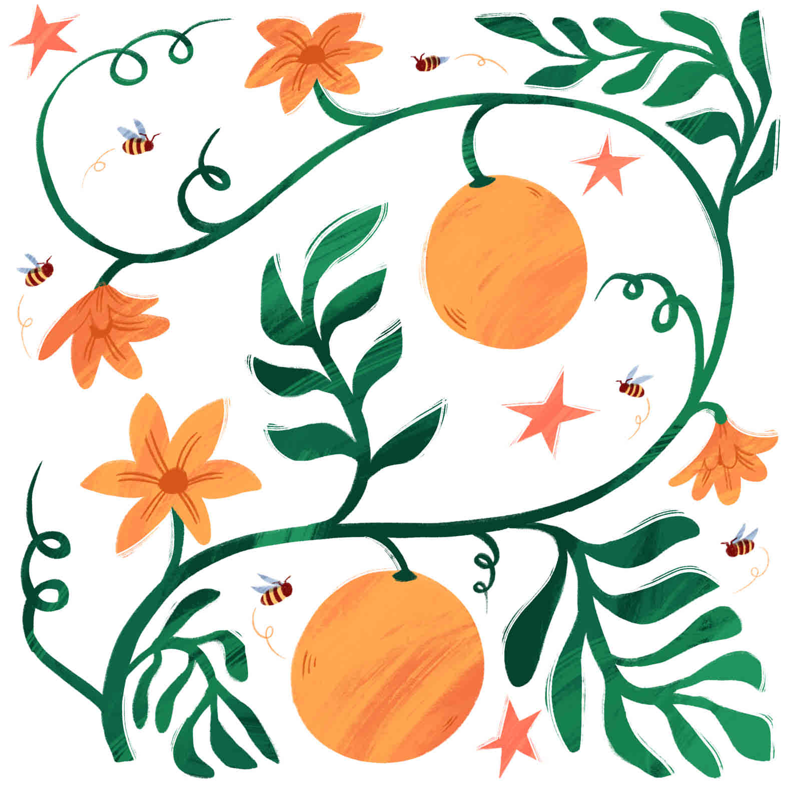 A decorative square tile featuring an illustrated citrullus colocynthis plant & bees