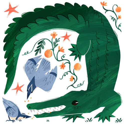 A decorative square tile featuring an illustrated crocodile & 2 birds 