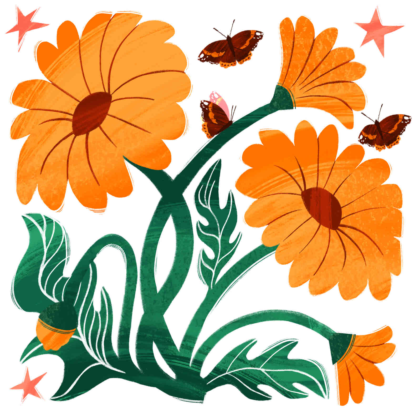 A decorative square tile featuring an illustrated African daisies & 3 butterflies