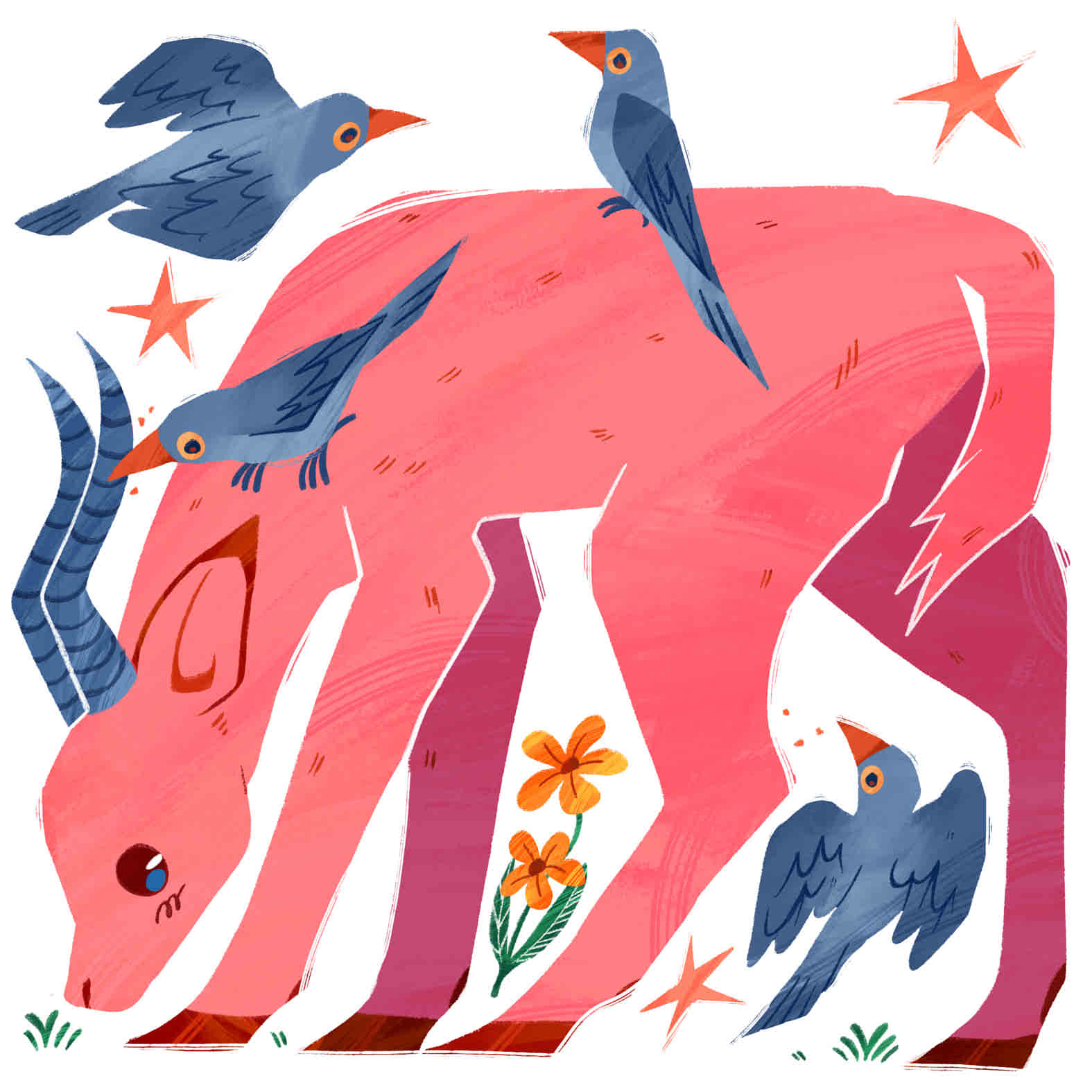 A decorative square tile featuring an illustrated impala & 4 birds