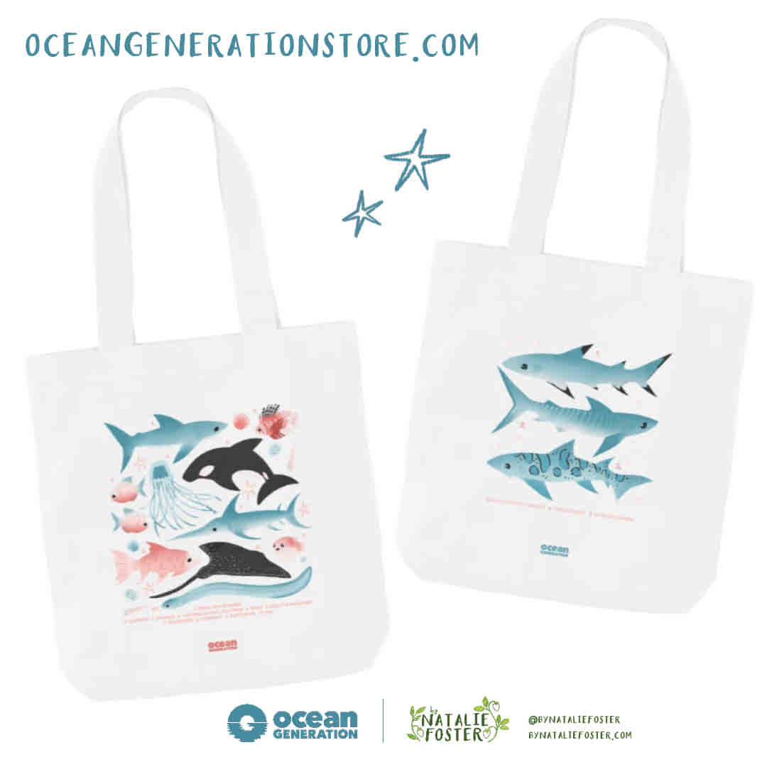 A mockup of tote bags with shark illustrations on them