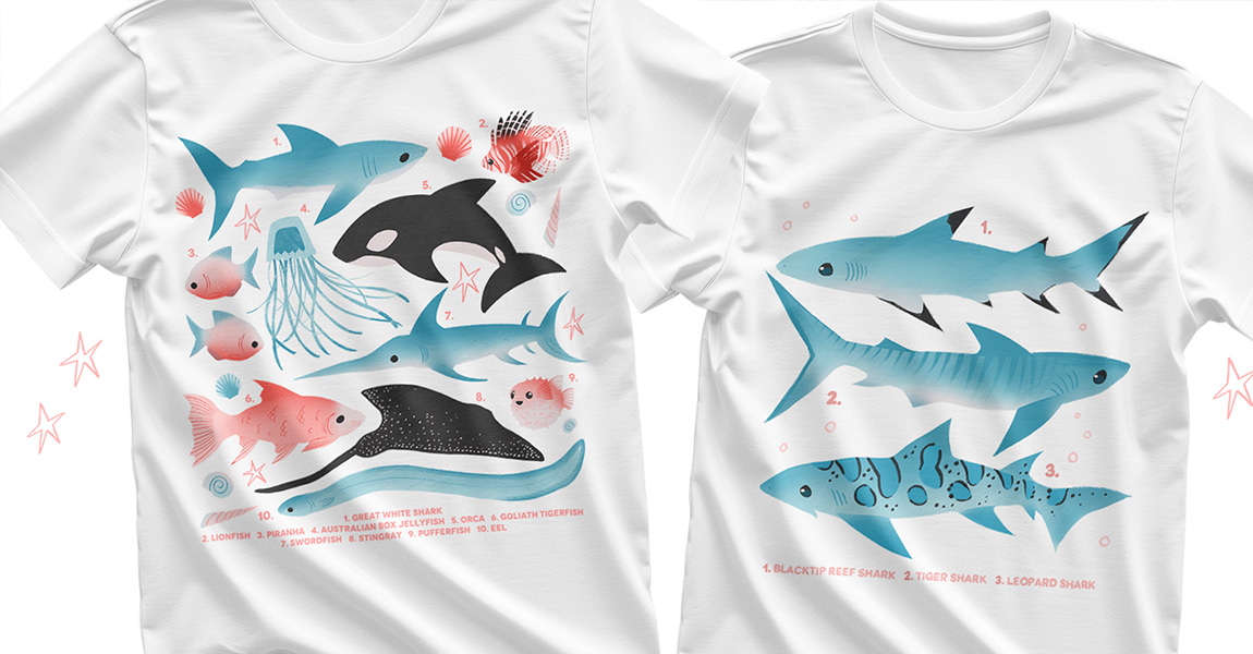 Shirts with a set of shark illustrations on them