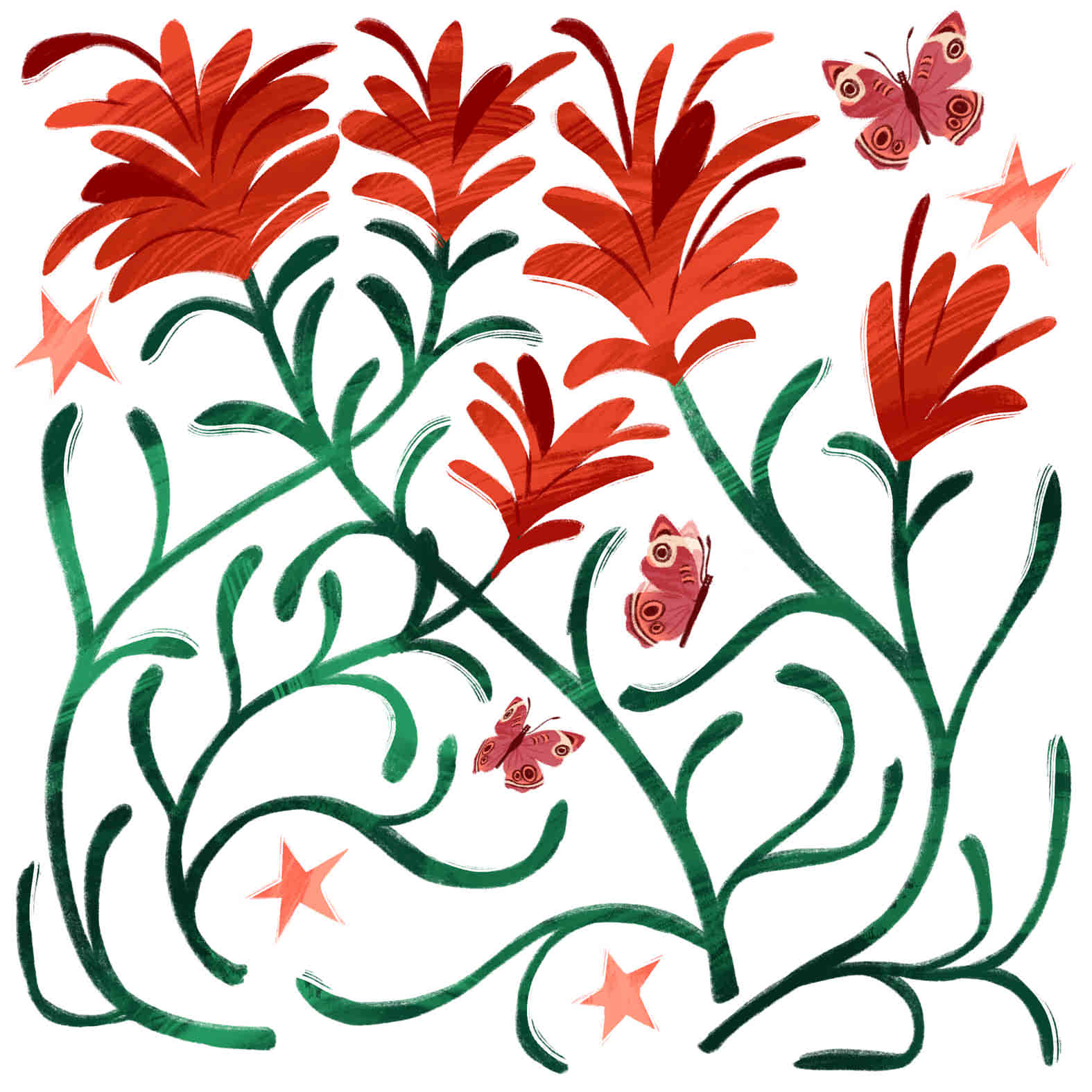A decorative square tile featuring an illustrated Indian Paintbrush plant & 3 butterflies
