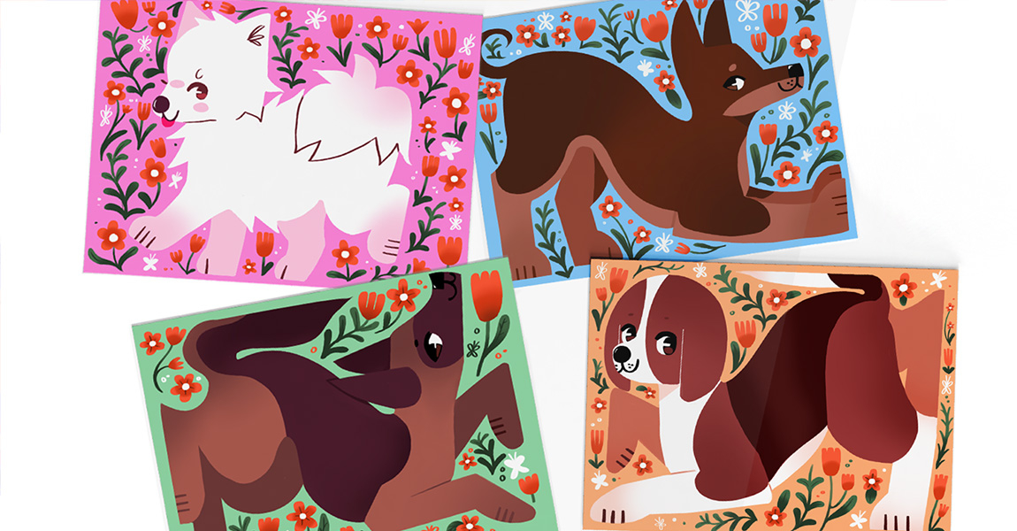 A collection of graphic postcards consisting of 4 different dog breeds