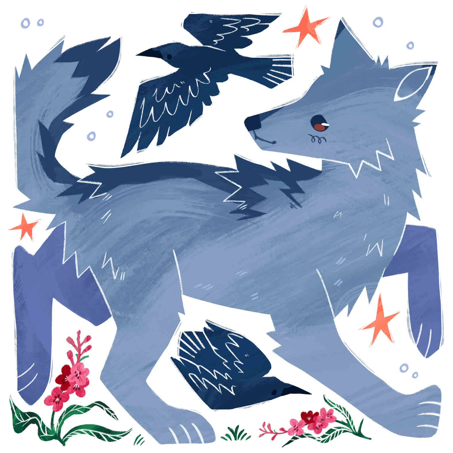 A decorative square tile featuring an illustrated wolf & 2 birds