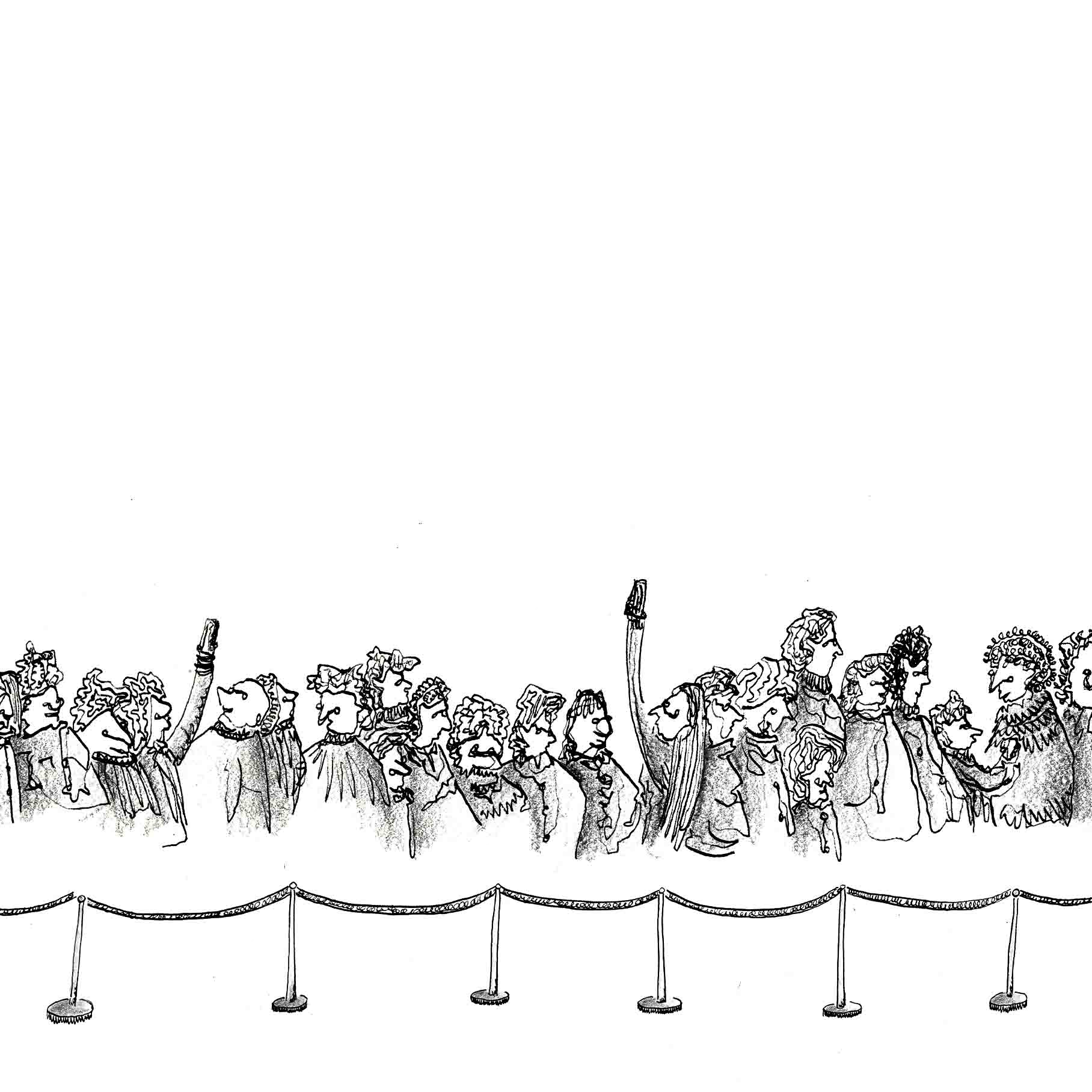 The Queue; a long line of people queuing drawn with black ink and shaded in with graphite. 1 of 6.