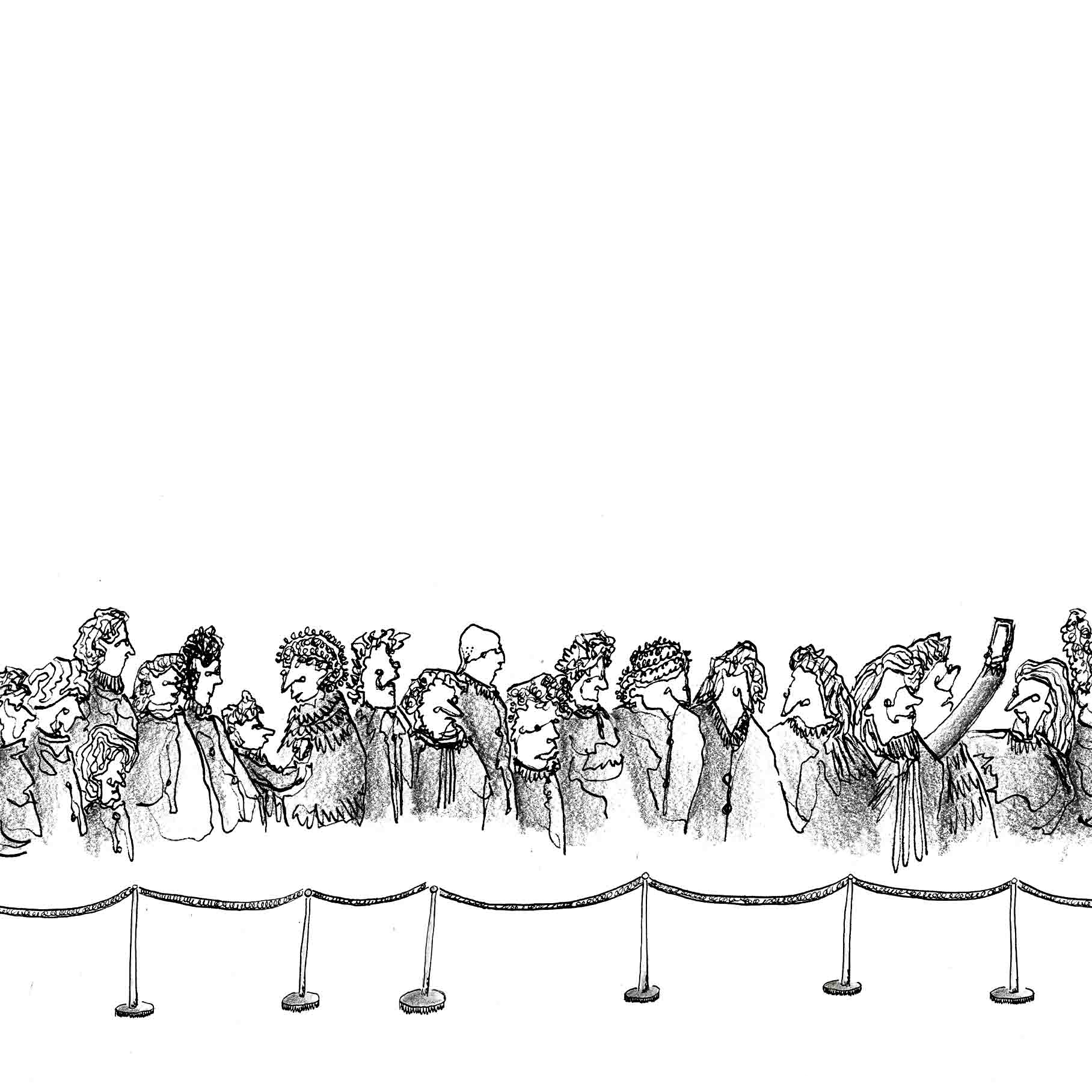 The Queue; a long line of people queuing drawn with black ink and shaded in with graphite. 1 of 6.