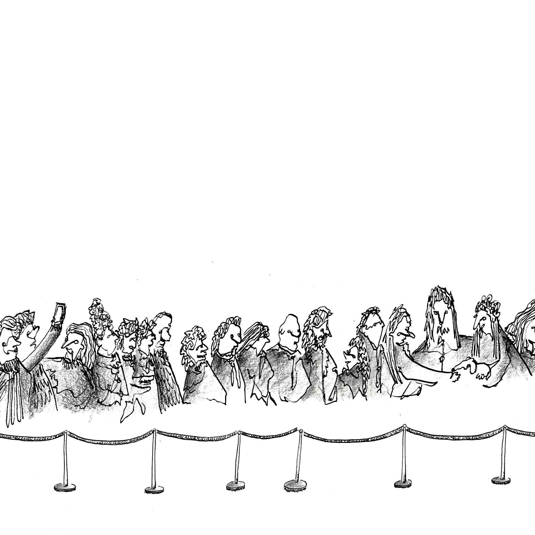 The Queue; a long line of people queuing drawn with black ink and shaded in with graphite. 1 of 6.