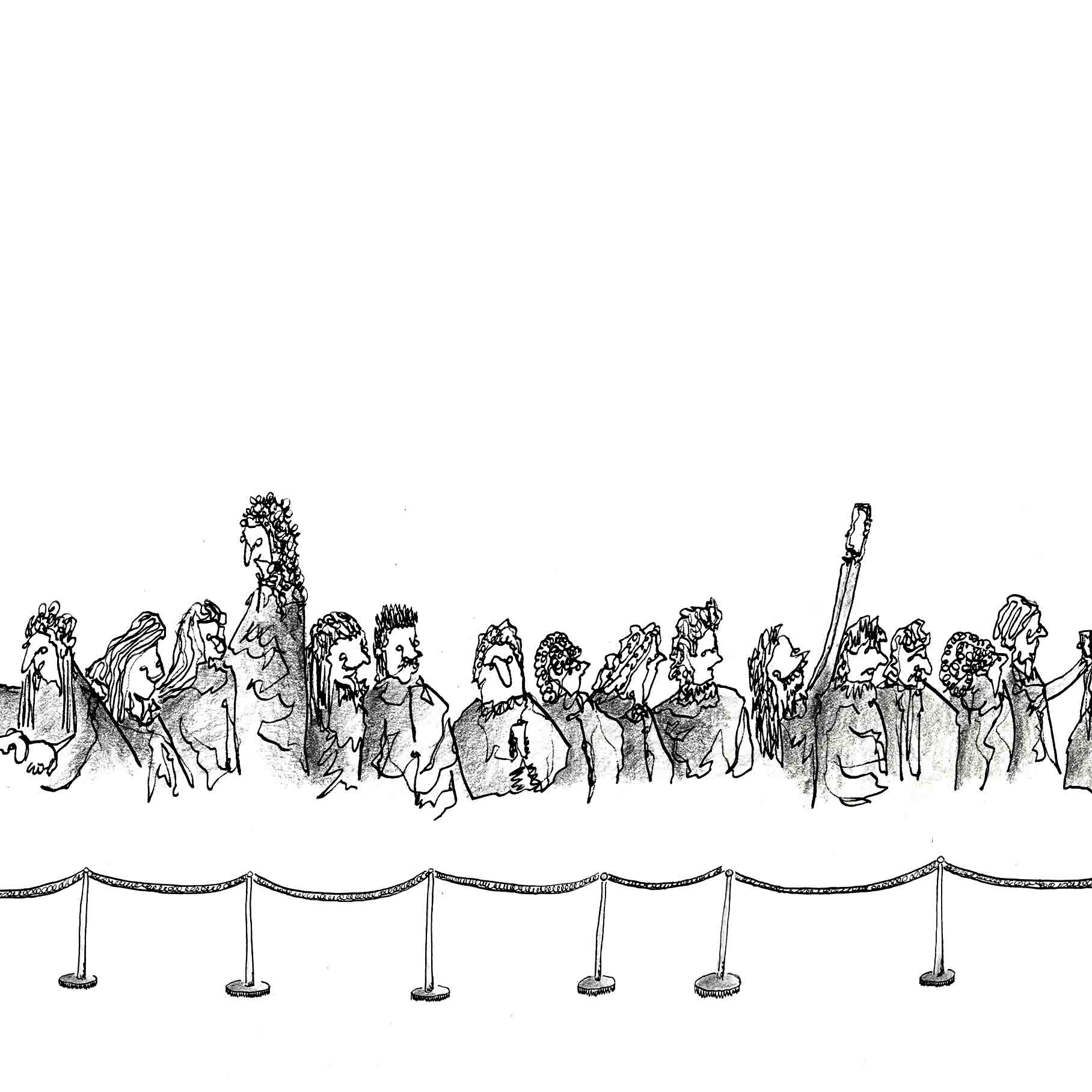 The Queue; a long line of people queuing drawn with black ink and shaded in with graphite. 1 of 6.