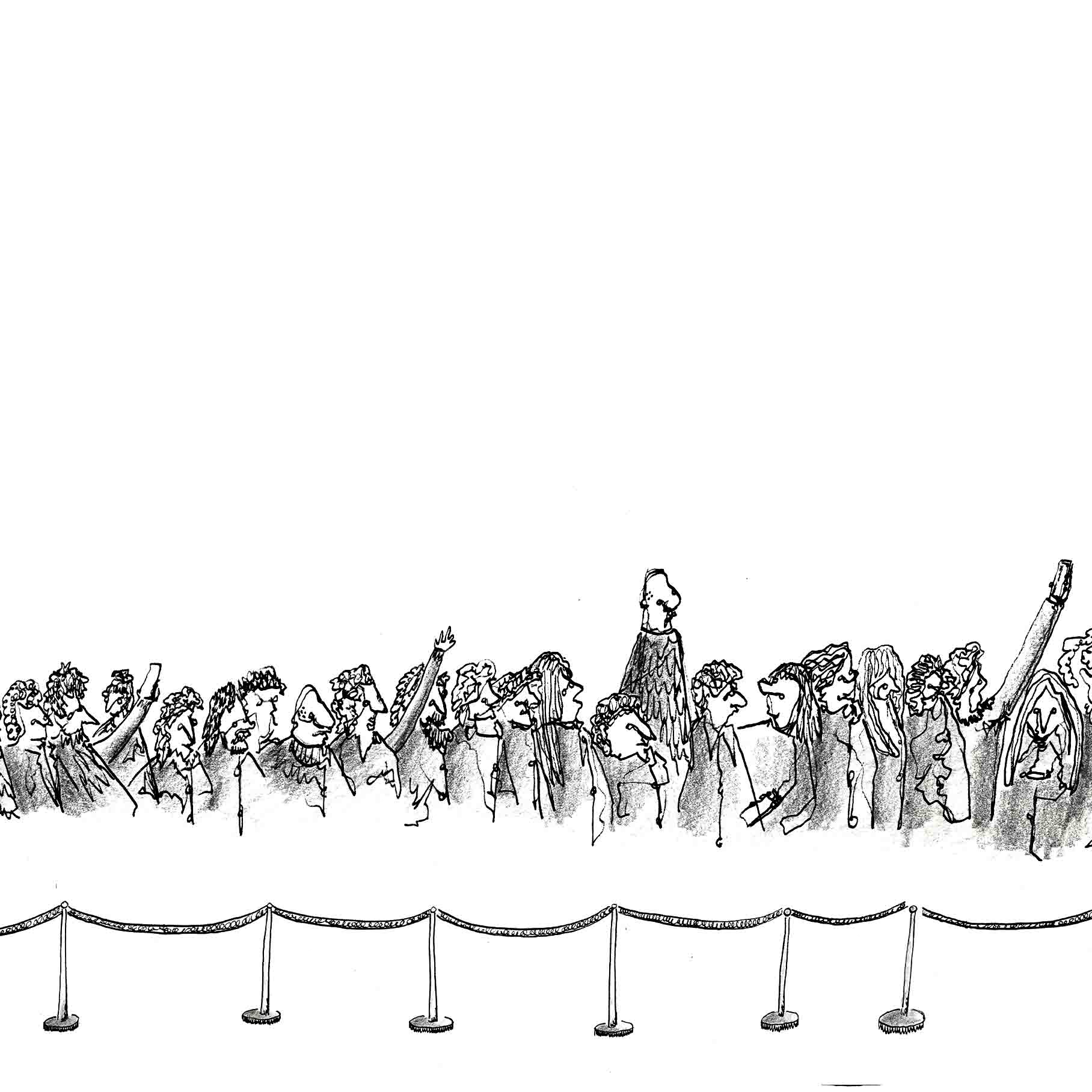 The Queue; a long line of people queuing drawn with black ink and shaded in with graphite. 1 of 6.