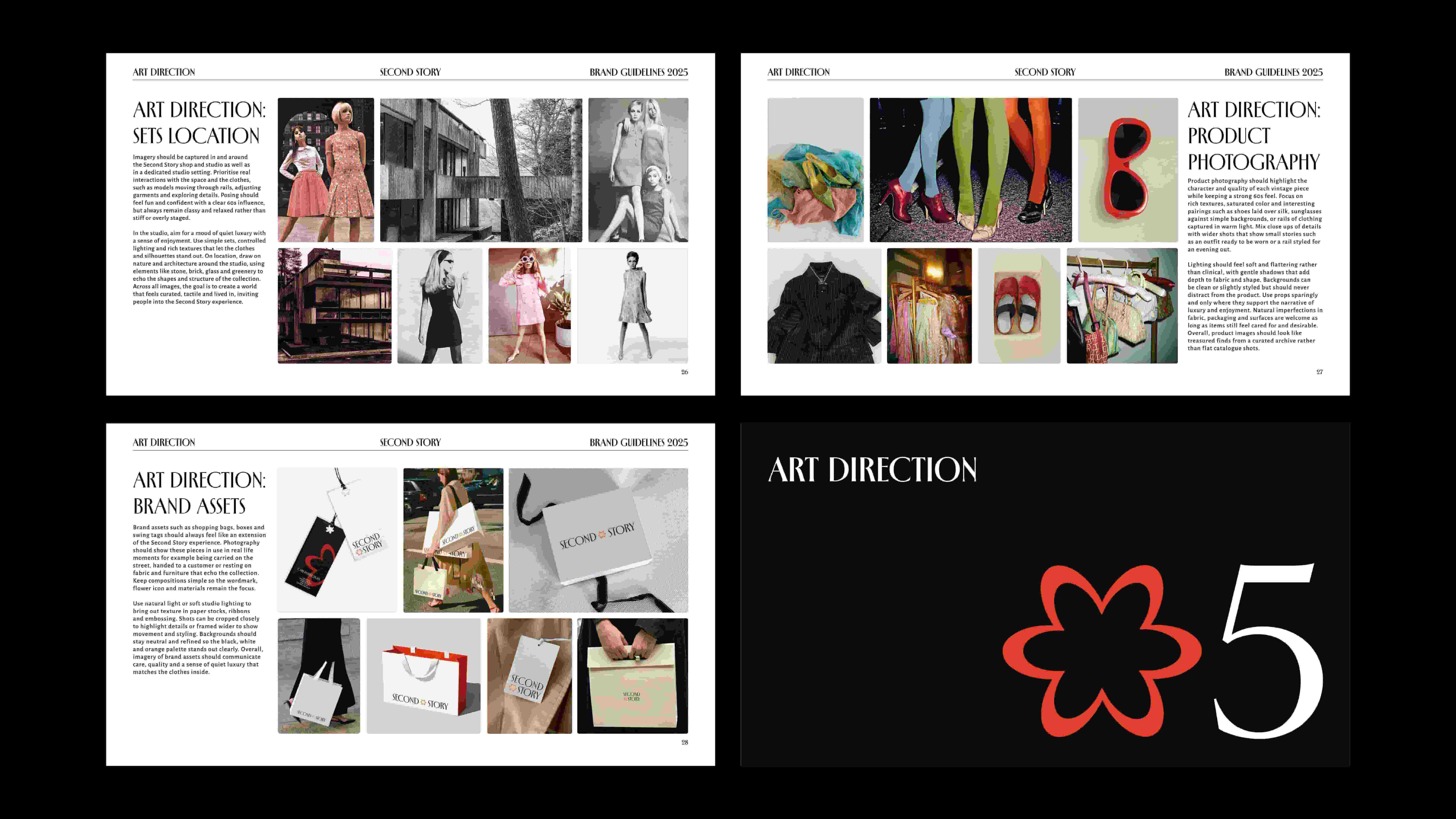     Four brand guideline spreads for ‘Second Story’ shown on a black background. The pages cover art direction for set location, product photography and brand assets, alongside a black section divider with a red flower symbol and the number 5.